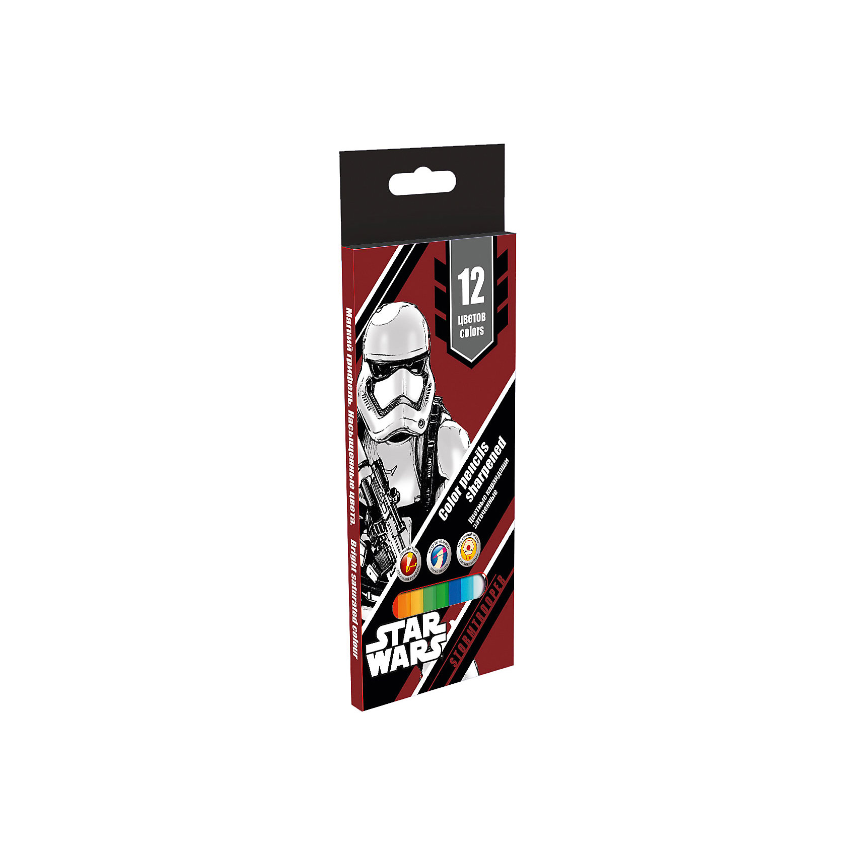 Цветные карандаши, 12 шт, Star Wars Цветные карандаши, 12 шт, Star WarsЗвездные войны<br>Цветные карандаши - необходимый инструмент для детского творчества и школьных занятий. Карандаши, Star Wars, идеально подходят для рисования, письма и раскрашивания, не требуют сильного нажатия, поэтом ребенку будет легко ими рисовать. Карандаши изготовлены из высококачественной древесины тополя, легко затачиваются, имеют прочный грифель, который не ломается при заточке. Набор из 12 карандашей оформлен в картонную коробку с рисунком в стиле популярной киноэпопеи Звездные войны.<br><br><br>Дополнительная информация:<br><br>- В комплекте: 12 карандашей.<br>- Материал: дерево, грифель.<br>- Толщина грифеля: 2,65 мм.<br>- Размер карандаша: 17,8 х ? 0,7 см.<br>- Размер упаковки: 21 х 1 х 8,5 см.<br>- Вес: 45 гр.<br><br>Цветные карандаши, 12 шт., 12 цв., Star Wars, можно купить в нашем интернет-магазине.<br><br>Ширина мм: 210<br>Глубина мм: 85<br>Высота мм: 10<br>Вес г: 45<br>Возраст от месяцев: 96<br>Возраст до месяцев: 108<br>Пол: Мужской<br>Возраст: Детский<br>SKU: 4681055