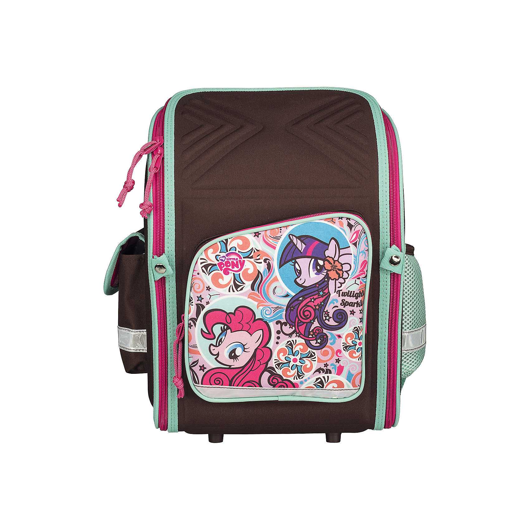 Школьный рюкзак, My Little Pony Школьный рюкзак, My Little PonyMy little Pony<br>Рюкзак My Little Pony - прекрасный вариант для школьных занятий. Рюкзак выполнен из износоустойчивых прочных материалов. Маленькой школьнице непременно понравится привлекательный дизайн с коричнево-розовой расцветкой и изображением волшебных лошадок из<br>популярного мультсериала Мой маленький пони. Корпус рюкзака, эргономичная спинка, дно и крышка изготовлены из современного материала EVA. Широкие анатомические лямки, регулируемые по длине, равномерно распределяют нагрузку на плечевой пояс. Также есть удобная<br>прорезиненная ручка для переноски в руках. <br><br>Рюкзак закрывается на застежку-молнию, внутри одно просторное вместительное отделение с двумя разделителями и утягивающей резинкой. На лицевой стороне рюкзака расположен большой накладной карман, закрывающийся на молнию, также имеются карманы по бокам рюкзака<br>(сетчатый и на липучке). Светоотражающие вставки повышают безопасность ребенка на дороге.<br><br><br>Дополнительная информация:<br><br>- Материал: полиэстер. <br>- Размер: 34,5 х 26 х 13 см.<br>- Вес: 0,83 кг.<br><br>Рюкзак, My Little Pony, можно купить в нашем интернет-магазине.<br><br>Ширина мм: 260<br>Глубина мм: 130<br>Высота мм: 345<br>Вес г: 830<br>Возраст от месяцев: 60<br>Возраст до месяцев: 84<br>Пол: Женский<br>Возраст: Детский<br>SKU: 4681145