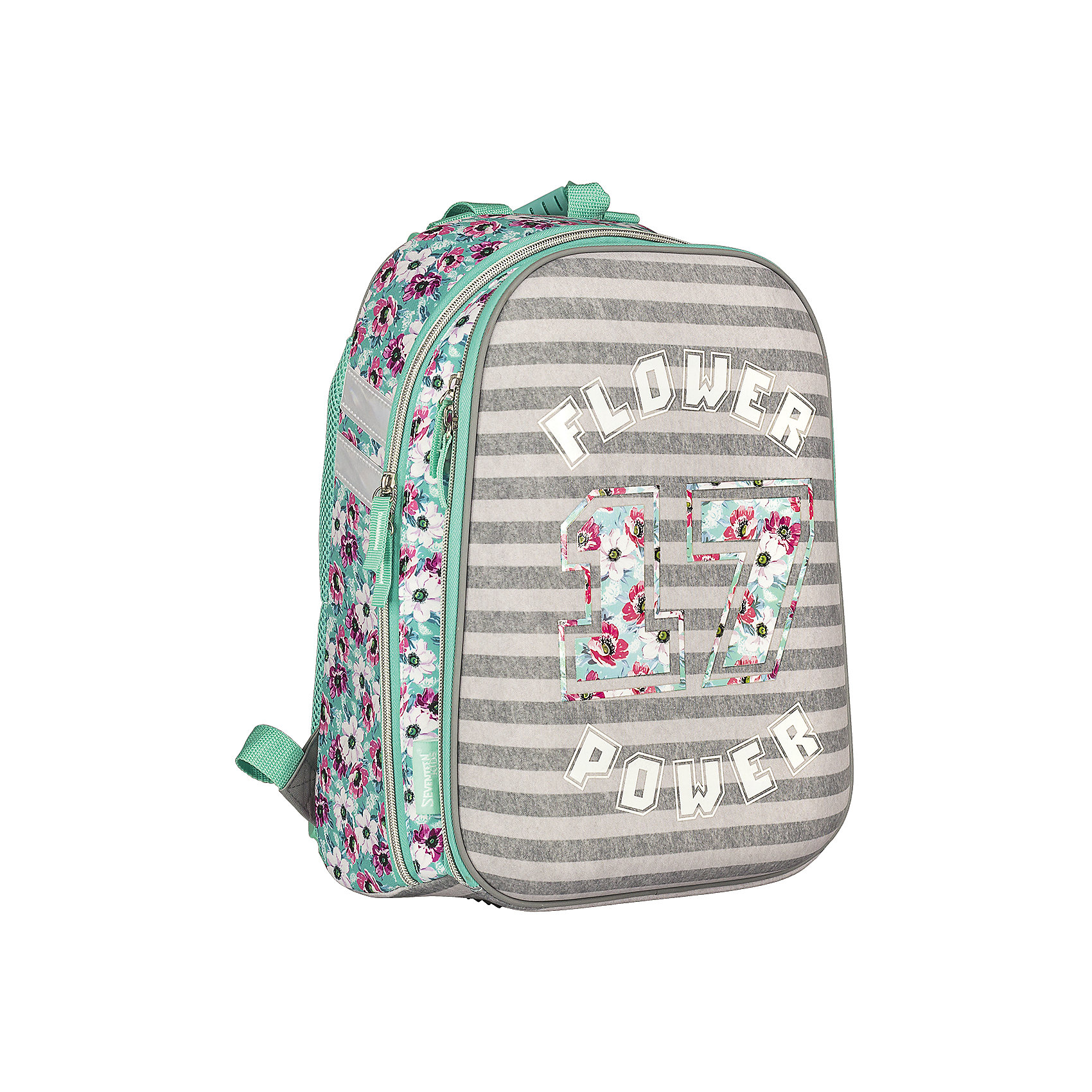Школьный рюкзак, Seventeen Kids Школьный рюкзак, Seventeen KidsРанцы<br>Рюкзак, Seventeen Kids - прекрасный вариант для школьных занятий. Рюкзак выполнен из прочного полиэстера и имеет привлекательный для девочек дизайн с приятной полосатой расцветкой и цветочным принтом. Корпус рюкзака изготовлен из современного материала EVA.<br>Эргономичная спинка выполнена в виде накладок анатомической формы из нескольких слоев вспененных синтетических материалов и обтянута воздухообменной сеткой. Широкие мягкие лямки, регулируемые по длине, равномерно распределяют нагрузку на плечевой пояс. Жесткое<br>дно придает рюкзаку устойчивость и защищает от загрязнений. Также есть удобная прорезиненная ручка для переноски в руках. <br><br>Рюкзак имеет два отделения на молнии. Внутри основного отделения - секция для ноутбука или планшета и разделитель для книг и тетрадей, внутри второго отделения - открытый карман и карман для мобильного телефона, а также сетчатый карман. Светоотражающие элементы<br>повышают безопасность ребенка на дороге. Рекомендовано Научным центром здоровья детей РАМН.<br><br><br>Дополнительная информация:<br><br>- Материал: полиэстер. <br>- Размер: 38 х 28 х 6 см.<br>- Вес: 0,78 кг.<br><br>Рюкзак, Seventeen Kids, можно купить в нашем интернет-магазине.<br><br>Ширина мм: 280<br>Глубина мм: 60<br>Высота мм: 380<br>Вес г: 780<br>Возраст от месяцев: 120<br>Возраст до месяцев: 144<br>Пол: Женский<br>Возраст: Детский<br>SKU: 4681158