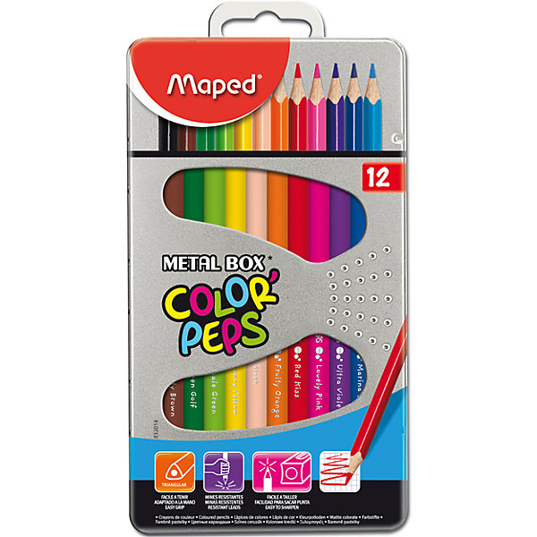Набор цветных карандашей COLORPEPS, 12 цв. Набор цветных карандашей COLORPEPS, 12 цв.Письменные принадлежности<br>Набор цветных карандашей COLORPEPS, 12 цв. от марки Maped<br><br>Эти карандаши созданы компанией Maped для комфортного и легкого рисования. Легко затачиваются, при этом грифель очень устойчив к поломкам. Цвета яркие, линия мягкая и однородная.<br>Грифель - из высококачественного материала. В наборе - 12 карандашей разных цветов. Они отлично лежат в руке благодаря удобной форме и качественному покрытию. Действительно удобный инструмент для рисования. Созданы для ярких картин! Безопасны для детей. <br><br>Особенности данной модели:<br><br>материал корпуса: дерево;<br>комплектация: 12 шт;<br>упаковка: металлический пенал;<br><br>Набор цветных карандашей COLORPEPS, 12 цв. от марки Maped можно купить в нашем магазине.<br><br>Ширина мм: 103<br>Глубина мм: 187<br>Высота мм: 14<br>Вес г: 144<br>Возраст от месяцев: 36<br>Возраст до месяцев: 2147483647<br>Пол: Унисекс<br>Возраст: Детский<br>SKU: 4684741