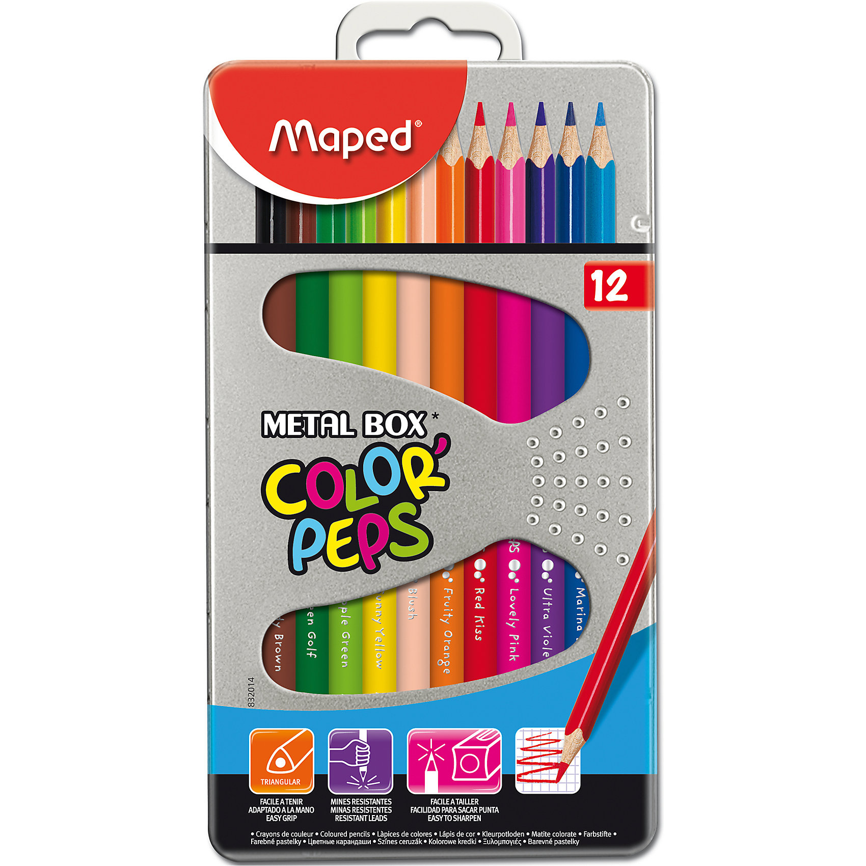Набор цветных карандашей COLORPEPS, 12 цв. Набор цветных карандашей COLORPEPS, 12 цв.Письменные принадлежности<br>Набор цветных карандашей COLORPEPS, 12 цв. от марки Maped<br><br>Эти карандаши созданы компанией Maped для комфортного и легкого рисования. Легко затачиваются, при этом грифель очень устойчив к поломкам. Цвета яркие, линия мягкая и однородная.<br>Грифель - из высококачественного материала. В наборе - 12 карандашей разных цветов. Они отлично лежат в руке благодаря удобной форме и качественному покрытию. Действительно удобный инструмент для рисования. Созданы для ярких картин! Безопасны для детей. <br><br>Особенности данной модели:<br><br>материал корпуса: дерево;<br>комплектация: 12 шт;<br>упаковка: металлический пенал;<br><br>Набор цветных карандашей COLORPEPS, 12 цв. от марки Maped можно купить в нашем магазине.<br><br>Ширина мм: 103<br>Глубина мм: 187<br>Высота мм: 14<br>Вес г: 144<br>Возраст от месяцев: 36<br>Возраст до месяцев: 2147483647<br>Пол: Унисекс<br>Возраст: Детский<br>SKU: 4684741
