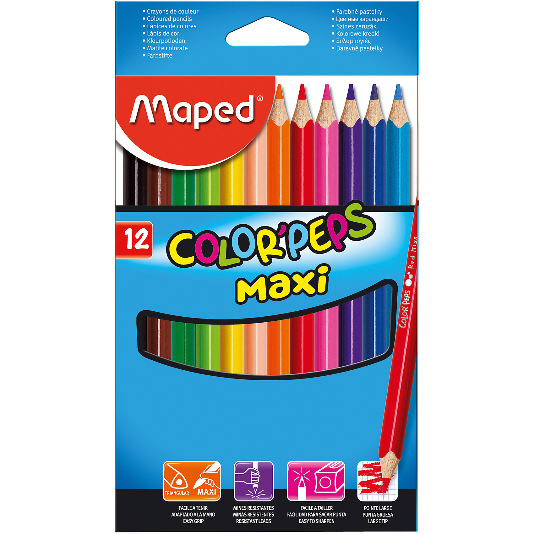 Набор цветных карандашей COLORPEPS MAXI, 12 цв. Набор цветных карандашей COLORPEPS MAXI, 12 цв.Письменные принадлежности<br>Набор цветных карандашей COLORPEPS MAXI, 12 цв. от марки Maped<br><br>Эти карандаши созданы компанией Maped для комфортного и легкого рисования. Легко затачиваются, при этом грифель очень устойчив к поломкам. Цвета яркие, линия мягкая и однородная.<br>Грифель - из высококачественного материала. В наборе - 12 карандашей разных цветов. Они отлично лежат в руке благодаря удобной форме и качественному покрытию. Действительно удобный инструмент для рисования. Созданы для ярких картин! Безопасны для детей. Данный набор отличается большим диаметром карандашей, что делает его оптимальным для начинающих художников - в маленькой руке такие карандаши лягут удобно.<br><br>Особенности данной модели:<br><br>материал корпуса: дерево;<br>комплектация: 12 цветных карандашей;<br>упаковка: картон;<br><br>Набор цветных карандашей COLORPEPS MAXI, 12 цв. от марки Maped можно купить в нашем магазине.<br><br>Ширина мм: 116<br>Глубина мм: 203<br>Высота мм: 11<br>Вес г: 141<br>Возраст от месяцев: 36<br>Возраст до месяцев: 2147483647<br>Пол: Унисекс<br>Возраст: Детский<br>SKU: 4684747