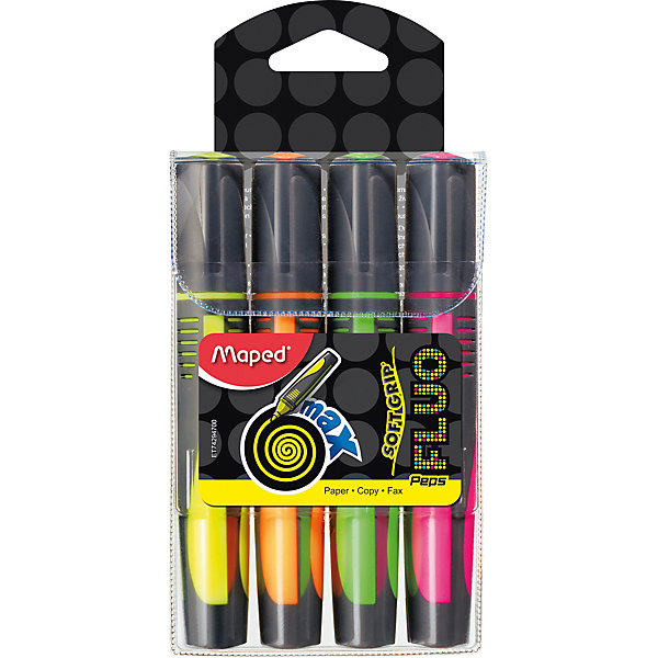 Набор текстовыделителей FLUO PEPS MAX, 4 цв. Набор текстовыделителей FLUO PEPS MAX, 4 цв.Письменные принадлежности<br>Набор текстовыделителей FLUO PEPS MAX, 4 цв. от марки Maped<br><br>Маркеры сделаны из приятного на ощупь материала, с яркими чернилами высокого качества. Поверхность корпуса препятствует скольжению пальцев и обеспечивает комфорт при письме. Чернила быстро высыхают на бумаге, не смазывая и не затемняя текст. Высокая светостойкость обеспечит четкость и яркость выделенного текста на годы. В наборе - 4 маркера разных ярких цветов (желтый, зеленый, розовый, оранжевый).<br><br>Особенности данной модели:<br><br>ширина оставляемого следа: 1-5 мм;<br>для всех типов бумаги;<br>цвет чернил: желтый, зеленый, розовый, оранжевый.<br><br>Набор текстовыделителей FLUO PEPS MAX, 4 цв. от марки Maped можно купить в нашем магазине.<br><br>Ширина мм: 165<br>Глубина мм: 85<br>Высота мм: 25<br>Вес г: 95<br>Возраст от месяцев: 36<br>Возраст до месяцев: 2147483647<br>Пол: Унисекс<br>Возраст: Детский<br>SKU: 4684756