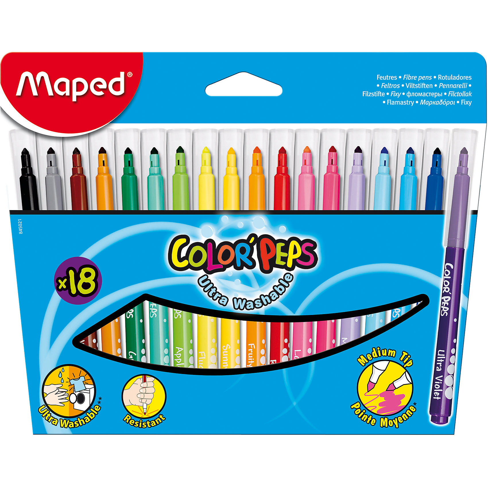 Набор фломастеров COLORPEPS, 18 цв. Набор фломастеров COLORPEPS, 18 цв.Письменные принадлежности<br>Набор фломастеров COLORPEPS, 18 цв. от марки Maped<br><br>Фломастеры сделаны из приятного на ощупь материала, с яркими чернилами высокого качества. Поверхность корпуса препятствует скольжению пальцев и обеспечивает комфорт при письме. Рисование помогает детям развивать усидчивость, воображение, образное восприятие мира, а также мелкую моторику рук. Чернила быстро высыхают на бумаге, не смазываясь. Высокая светостойкость обеспечит четкость и яркость рисунка надолго. В наборе - 18 фломастеров разных ярких цветов. Упаковка удобная. Фломастеры рассчитаны на долгое использование.<br><br>Особенности данной модели:<br><br>для всех типов бумаги;<br>комплектация: 18 шт.<br><br>Набор фломастеров COLORPEPS, 18 цв. от марки Maped можно купить в нашем магазине.<br><br>Ширина мм: 223<br>Глубина мм: 176<br>Высота мм: 13<br>Вес г: 177<br>Возраст от месяцев: 36<br>Возраст до месяцев: 2147483647<br>Пол: Унисекс<br>Возраст: Детский<br>SKU: 4684761