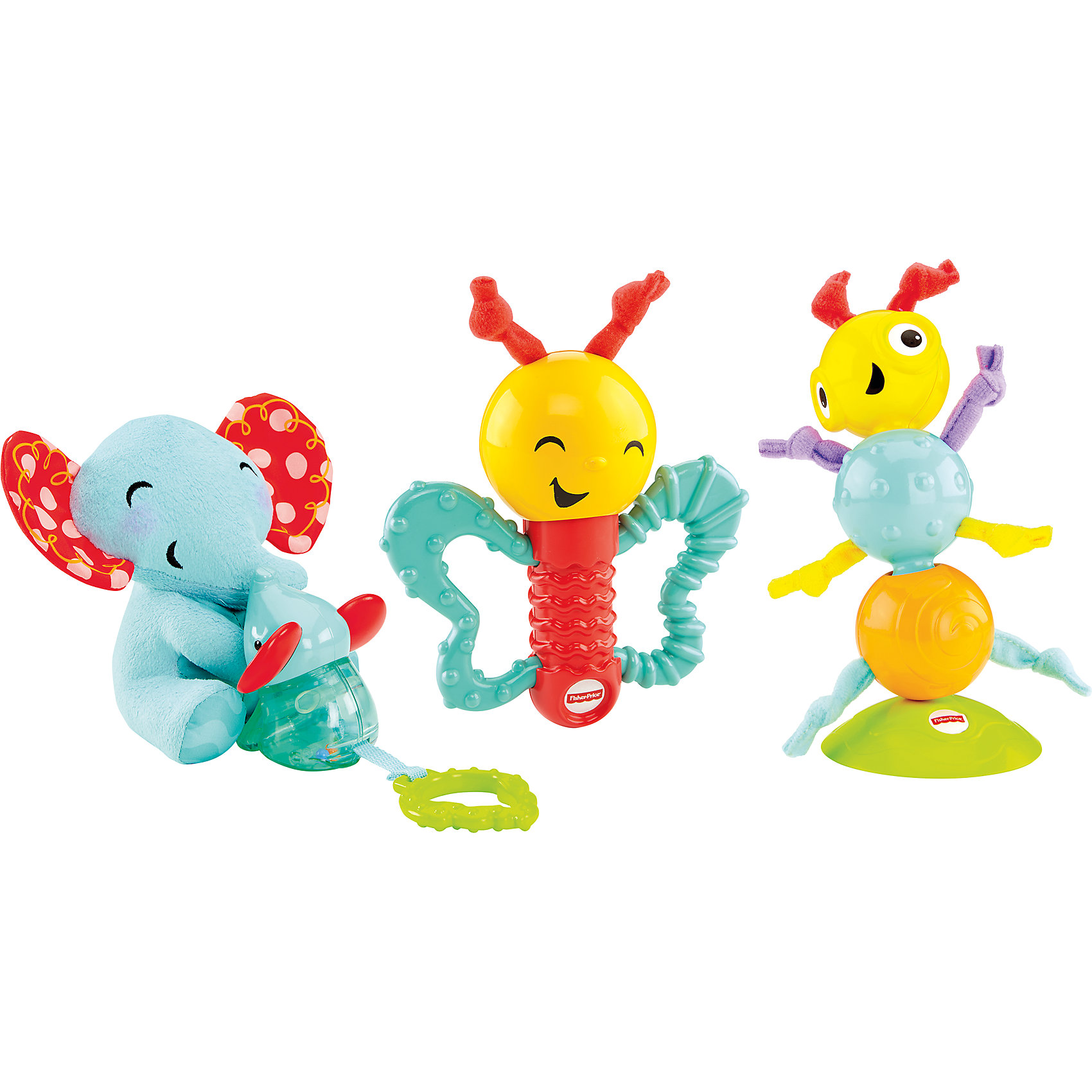 Игровой набор Веселые друзья, Fisher-Price Игровой набор Веселые друзья, Fisher-PriceИгровой набор Веселые друзья, Fisher-Price (Фишер Прайс)<br><br>Отличный набор для самых маленьких! Плюшевая мама-слониха с маленьким слоником, погремушка-прорезыватель в виде бабочки и гусеница на присоске помогут надолго занять малыша. В них множество разных элементов, прорезывателей, вибрирующих деталей, которые помогут развивать мелкую моторику и любознательность.<br>У слонихи - шуршат уши, слоненок вибрирует, ушки - прорезыватели, листочек - прорезыватель, крылья бабочки можно грызть, если ее потрясти - издает звуки. Гусеница присасывается к поверхности. Сделан набор из безопасных для ребенка материалов. Работает на батарейках.<br><br>Дополнительная информация:<br><br>цвет: разноцветный,<br>комплектация: гусеничка на присоске, бабочка-погремушка, мама-слон с детенышем;<br>материал: пластик, текстиль, наполнитель;<br>размер бабочки: 12 см;<br>размер гусеницы: 15 см;<br>размер слона: 16 см.<br><br>Игровой набор Веселые друзья, Fisher-Price (Фишер Прайс) можно купить в нашем магазине.<br><br>Ширина мм: 110<br>Глубина мм: 355<br>Высота мм: 240<br>Вес г: 750<br>Возраст от месяцев: 3<br>Возраст до месяцев: 24<br>Пол: Унисекс<br>Возраст: Детский<br>SKU: 4697987