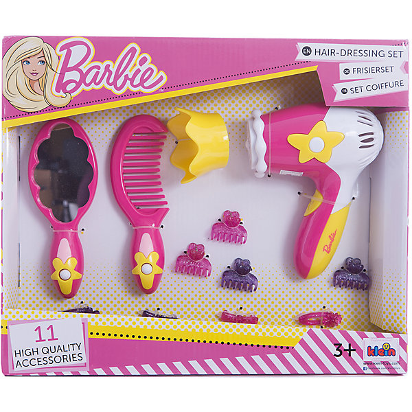 Игровой набор с феном Barbie, Klein Игровой набор с феном Barbie, KleinСалон красоты<br>Игровой набор с феном Barbie, Klein (Кляйн) содержит всё, что потребуется начинающему парикмахеру. С этим набором девочка сможет создать удивительные прически для любимых кукол. Отлично подойдет для сюжетно-ролевых игр с подружками.<br><br>Дополнительная информация:<br>В комплекте: зеркало, расческа. фен, 4 заколки крабик, 4 заколки клик-клак<br>Размер упаковки: 30х25х6 см<br>Материал: пластик<br><br>Игровой набор с феном Barbie, Klein (Кляйн) вы можете приобрести в нашем интернет-магазине.<br><br>Ширина мм: 305<br>Глубина мм: 251<br>Высота мм: 66<br>Вес г: 354<br>Возраст от месяцев: 36<br>Возраст до месяцев: 72<br>Пол: Женский<br>Возраст: Детский<br>SKU: 4700561