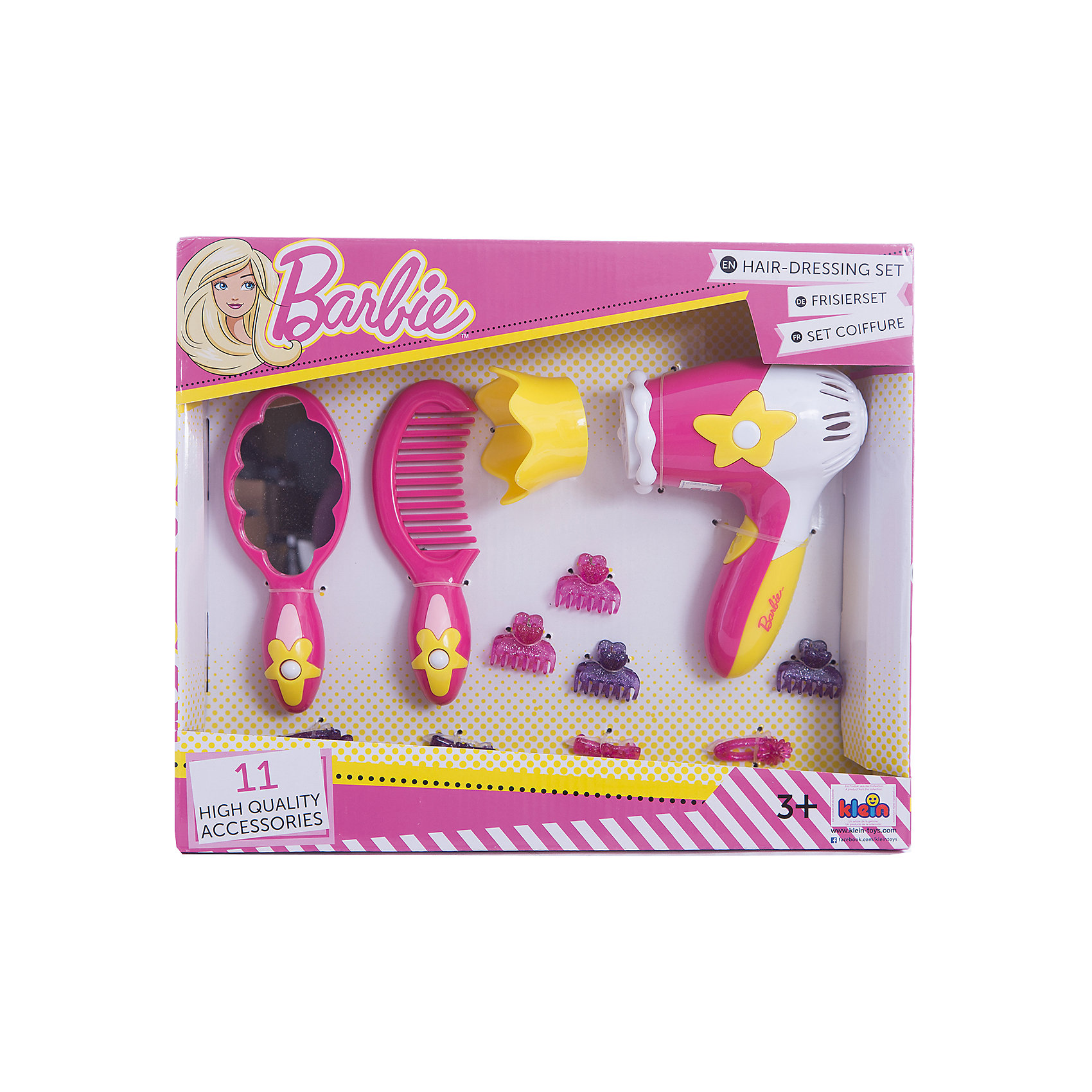 Игровой набор с феном Barbie, Klein Игровой набор с феном Barbie, KleinСюжетно-ролевые игры<br>Игровой набор с феном Barbie, Klein (Кляйн) содержит всё, что потребуется начинающему парикмахеру. С этим набором девочка сможет создать удивительные прически для любимых кукол. Отлично подойдет для сюжетно-ролевых игр с подружками.<br><br>Дополнительная информация:<br>В комплекте: зеркало, расческа. фен, 4 заколки крабик, 4 заколки клик-клак<br>Размер упаковки: 30х25х6 см<br>Материал: пластик<br><br>Игровой набор с феном Barbie, Klein (Кляйн) вы можете приобрести в нашем интернет-магазине.<br><br>Ширина мм: 305<br>Глубина мм: 251<br>Высота мм: 66<br>Вес г: 354<br>Возраст от месяцев: 36<br>Возраст до месяцев: 72<br>Пол: Женский<br>Возраст: Детский<br>SKU: 4700561