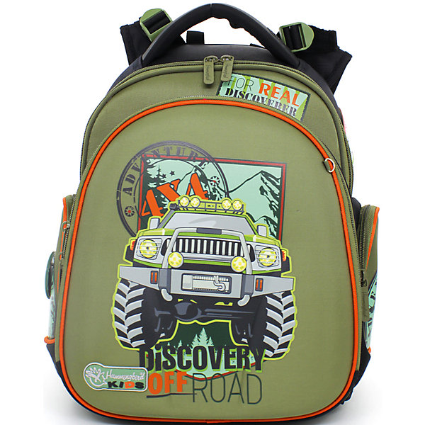 Ранец школьный Hummingbirdс мешком для обуви Discovery off road Ранец школьный Hummingbirdс мешком для обуви Discovery off roadРанцы<br>Ранец Discovery off road сочетает в себе оригинальный дизайн, удобство и практичность. Жесткий каркас и ортопедическая спинка Ergo System со специальной дышащей системой дарит комфорт и способствует улучшению осанки ребенка. Регулируемые лямки с мягкими накладками не давят на плечи и правильно распределяют нагрузку на спину. Рюкзак имеет удобную ручку и еще одну ручку- петлю, за который его можно вешать на крючок. Модель имеет два отделения: одно - основное объемное и второе - для тетрадей и плоских предметов. Основное отделение поделено на три удобные папки-кармана, во втором отделении есть органайзер и ключница. Два боковых кармана для мелочей застегиваются на молнии. Ранец выполнен из высококачественных износопрочных и водоотталкивающих материалов.<br><br>Дополнительная информация:<br><br>- Материал: пластик, текстиль.<br>- Размер: 38 x 32 x 24 см.<br>- Вес: 980гр.<br>- Объем: 20л<br>- Тип застежки: молния.<br>- Количество отделений: 2.<br>- Количество карманов: 2<br>- Ортопедическая спинка Ergo System.<br>- Лямки регулируются по длине.<br>- Удобная ручка.<br>- Лямка, позволяющая повесить ранец на крючок.<br>- Мешок для обуви в комплекте.<br><br>Ранец Discovery off road, Hummingbird, можно купить в нашем магазине.<br><br>Ширина мм: 390<br>Глубина мм: 300<br>Высота мм: 200<br>Вес г: 1000<br>Возраст от месяцев: 72<br>Возраст до месяцев: 120<br>Пол: Мужской<br>Возраст: Детский<br>SKU: 4718172