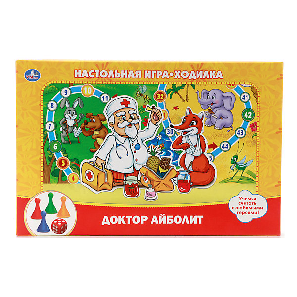 Настольная игра-ходилка Доктор Айболит, Умка Настольная игра-ходилка Доктор Айболит, УмкаНастольные игры ходилки<br>Игра-ходилка - одна из самых популярных и интересных настольных игр. В неё можно играть всей семьей! Этот набор сделан в тематике сказки про Доктора Айболита. Он произведен из качественного и безопасного для ребенка материала.<br>На игровом поле изображены животные и Доктор Айболит, в комплекте есть фишки и кубик. Игра с таким набором поможет не только весело провести время, она позволит ребенку запоминать цифры в игровой форме, тренировать внимание, мышление и мелкую моторику.<br><br>Дополнительная информация:<br><br>цвет: разноцветный;<br>материал: пластик;<br>вес: 150 г;<br>размер упаковки: 3x21x33 см.<br><br>Настольную игру-ходилку Доктор Айболит от бренда Умка можно купить в нашем магазине<br><br>Ширина мм: 210<br>Глубина мм: 330<br>Высота мм: 30<br>Вес г: 150<br>Возраст от месяцев: 36<br>Возраст до месяцев: 72<br>Пол: Унисекс<br>Возраст: Детский<br>SKU: 4720263