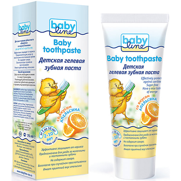 Детская гелевая зубная паста со вкусом апельсина, Babyline,75 мл Детская гелевая зубная паста со вкусом апельсина, Babyline,75 млДетская зубная паста<br>Детская гелевая зубная паста 75 мл со вкусом апельсина, с низким содержанием фтора с 2-х лет<br><br>Ширина мм: 140<br>Глубина мм: 35<br>Высота мм: 45<br>Вес г: 75<br>Возраст от месяцев: 24<br>Возраст до месяцев: 120<br>Пол: Унисекс<br>Возраст: Детский<br>SKU: 4729797