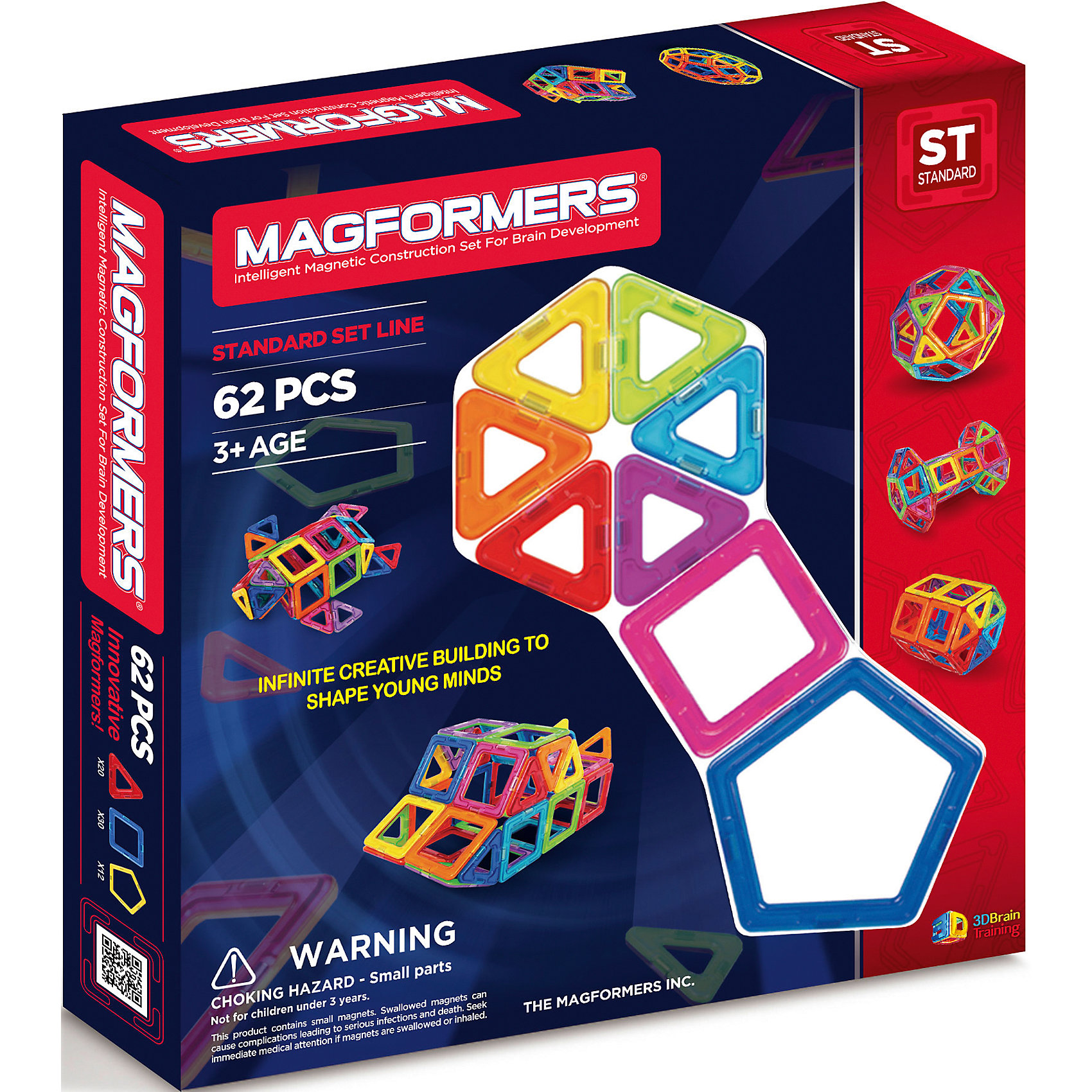 Магнитный конструктор 62, MAGFORMERS Магнитный конструктор 62, MAGFORMERSМагнитные конструкторы<br>Этот набор привлекателен большим количеством деталей. В него входят квадраты, треугольники и пятиугольники. Благодаря этому набору ребенок может делать не только технические постройки, но и животных, более сложные шары, которые начинаются с пятиугольников и при постепенном добавлении квадратов и треугольников превращаются во что-то сказочное и необычное.<br>Magformers-62 можно покупать для девочек и мальчиков любых возрастных категорий. Самые маленькие конструкторы могут попробовать создавать фигуры на плоской поверхности или, скажем, на магнитной. Набор можно применить даже в игре с малышом до года. Папы и мамы могут построить фигуры, которые ребёнок с невероятным удовольствием будет не только разглядывать, но и ломать. <br>Для детей более взрослого возраста к набору прилагается специальная книга предложений, которую можно применить для конструирования домов, башен, ракет, кораблей и так далее. Данный набор несомненно представляет собой не только увлекательную игру и забаву, но с его помощью развивается не только фантазия детей, но также улучшается его понимание пространственной геометрии.<br><br>Такой конструктор понравится каждому ребенку. К тому же яркая упаковка помогает ему стать идеальным подарком!<br><br>Дополнительная информация:<br><br>- Количество деталей: 62 шт. <br>- Треугольники: 20 шт. <br>- Квадраты: 30 шт. <br>- Пятиугольники: 12 шт. <br>- Возраст: от 3 лет <br>- Материал: прочный пластик <br>- Размер упаковки: 30,5x32x5 см <br>- Вес в упаковке: 1,14 кг. <br><br>Купить магнитный конструктор 62 MAGFORMERS можно в нашем магазине.<br><br>Ширина мм: 325<br>Глубина мм: 305<br>Высота мм: 50<br>Вес г: 1212<br>Возраст от месяцев: 36<br>Возраст до месяцев: 192<br>Пол: Унисекс<br>Возраст: Детский<br>SKU: 4730841