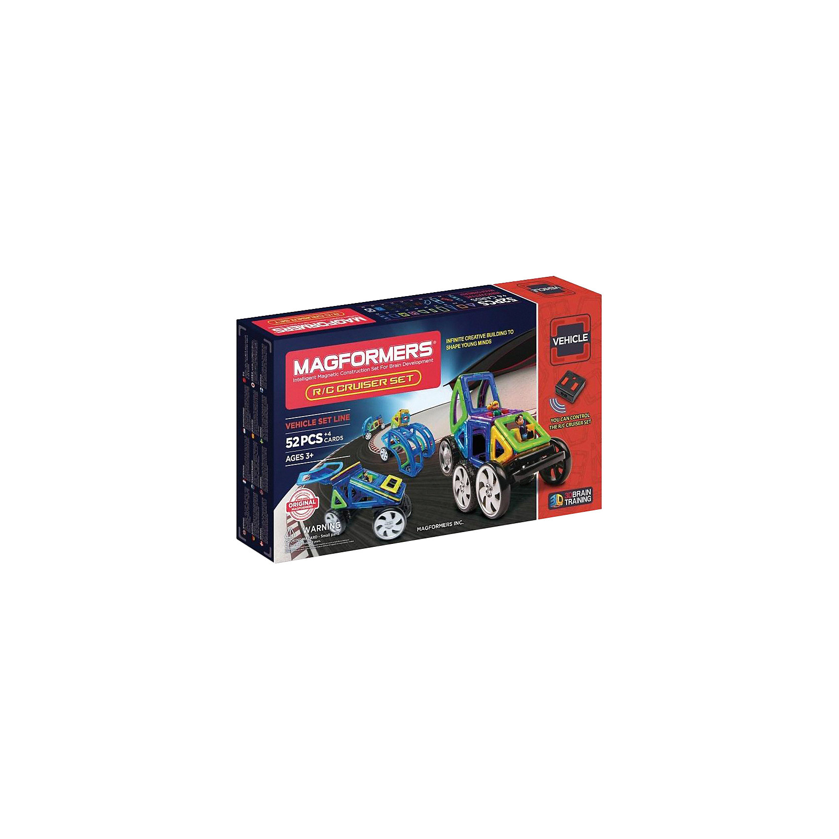 Магнитный конструктор Cruiser Set, на р/у,, MAGFORMERS Магнитный конструктор Cruiser Set, на р/у,, MAGFORMERSМагнитные конструкторы<br>Этот набор относится к новому поколению наборов Магформерс! Он перевернет Ваше представление о моделировании машин. В комплект набора входят абсолютно новые платформы колес на радиоуправлении, и ваши модели обретут новую жизнь в движении! Набор удивит и новыми деталями, сложными геометрическими формами, что позволит Вашим моделям устремиться в будущее! Это набор поможет Вашему ребенку сделать новый виток в своем познании окружающего его мира геометрических фигур.<br>Помимо базовых квадратов и треугольников в этот набор входят такие необычные элементы, как сектор, суперсектор, суперпрямоугольник, арка и суперка, позволяющие фантазии ребенка развернуться во всю ширь. С этим набором легко собрать различные грузовики, гоночные автомобили, внедорожники и многое другое. Или же можно использовать воображение и сконструировать свой уникальный вид транспорта.<br>Изюминкой набора являются колеса и пульт дистанционного управления, которые приведут постройки в движение. C помощью пульта легко на расстоянии контролировать перемещение модели — можно устроить гонки с друзьями или же отправить машинку перевозить небольшие грузы. Помимо этого в набор входят и другие необычные аксессуары: фигуры мальчика и девочки и дорожные знаки.<br>Так же все детали Magformers R/C Cruiser на 100% совместимы с любыми другими наборами Магформерс, что позволяет дополнить уже существующую коллекцию и добавить любимым постройкам динамичности.<br><br>Дополнительная информация:<br><br>- Количество деталей: 52 шт. <br>-Треугольник: 6 шт. <br>- Равнобедренный треугольник: 2 шт. <br>- Квадрат: 12 шт. <br>- Прямоугольник: 1 шт. <br>- Суперпрямоугольник: 1 шт. <br>- Мини-прямоугольник: 4 шт. <br>- Сектор: 4 шт. <br>- Суперсектор: 4 шт. <br>- Арка: 2 шт. <br>- Суперарка: 2 шт. <br>- Девочка: 1 шт. <br>- Мальчик: 1 шт. <br>- Колесо: 2 шт. <br>- Пара колес: 1 шт. <br>- Поворотная ось: 1 шт. <br>- Управляемая ось с колесами: 1 шт. <br>- Пульт дистанционного управления: 1 шт. <br>- Блок-вставка: 4 шт. <br>- Двойной коннектор: 2 шт.<br>- Возраст: от 3 лет <br>- Материал: прочный пластик <br>- Размер упаковки: 30.5х8х53.5 см <br>- Вес в упаковке: 2 кг. <br><br>Купить магнитный конструктор Cruiser Set на р/у MAGFORMERS можно в нашем магазине.<br><br>Ширина мм: 535<br>Глубина мм: 305<br>Высота мм: 78<br>Вес г: 2000<br>Возраст от месяцев: 36<br>Возраст до месяцев: 192<br>Пол: Унисекс<br>Возраст: Детский<br>SKU: 4730843