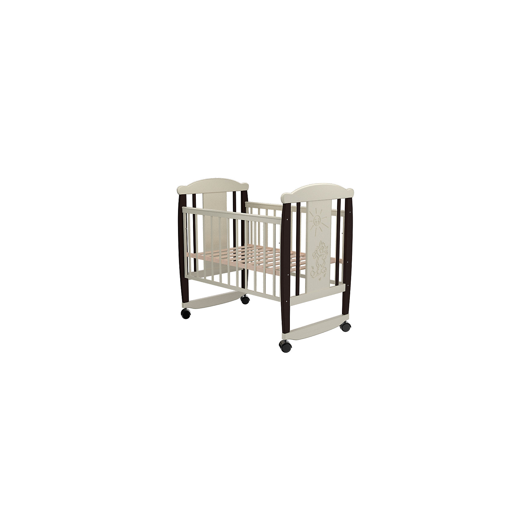 Кроватка Cat 02, Valle, венге-слоновая кость Кроватка Cat 02, Valle, венге-слоновая костьКроватка Cat 02, Valle, венге-слоновая кость - это удобная, функциональная детская кроватка-качалка, выполненная в современном стиле.<br>Кроватка Cat 02 от Valle (Валле) - очаровательная модель, изготовленная из натуральной цельной древесины березы с декоративными вставками из МДФ. На вставках резной декор в виде солнышка и забавного котика. Форма кроватки безопасна и спроектирована по современным стандартам. Детали покрыты гидроматериалами - лаками и красками на водной основе - гипоаллергенными и нетоксичными. Материалы разработаны специально для обеспечения однородного покрытия и сохранения природных качеств дерева, они берегут здоровье человека. Кроватка отличается высоким качеством отделки, прочностью и долговечностью. Снабжена регулируемым по высоте в двух положениях ортопедическим ложем на ламелях, опускающейся передней стенкой, полозьями для качания и съемными колесиками. Красивая, изящная кроватка Cat 02 от Valle (Валле) цвета венге и слоновая кость впишется в большинство современных интерьеров и станет для вашего малыша уютным и комфортным местом для сна.<br><br>Дополнительная информация:<br><br>- Размер спального места: 120х60 см.<br>- Размер кровати: 125х70х109 см.<br>- Вес: 30 кг.<br>- Материал кроватки: целиковая древесина березы, вставки МДФ<br>- Цвет: венге, слоновая кость<br>- Стенки: реечные<br>- Размер упаковки: 125х65х17 см.<br><br>Кроватку Cat 02, Valle, венге-слоновая кость можно купить в нашем интернет-магазине.<br><br>Ширина мм: 1250<br>Глубина мм: 650<br>Высота мм: 170<br>Вес г: 30000<br>Возраст от месяцев: 0<br>Возраст до месяцев: 36<br>Пол: Унисекс<br>Возраст: Детский<br>SKU: 4732649