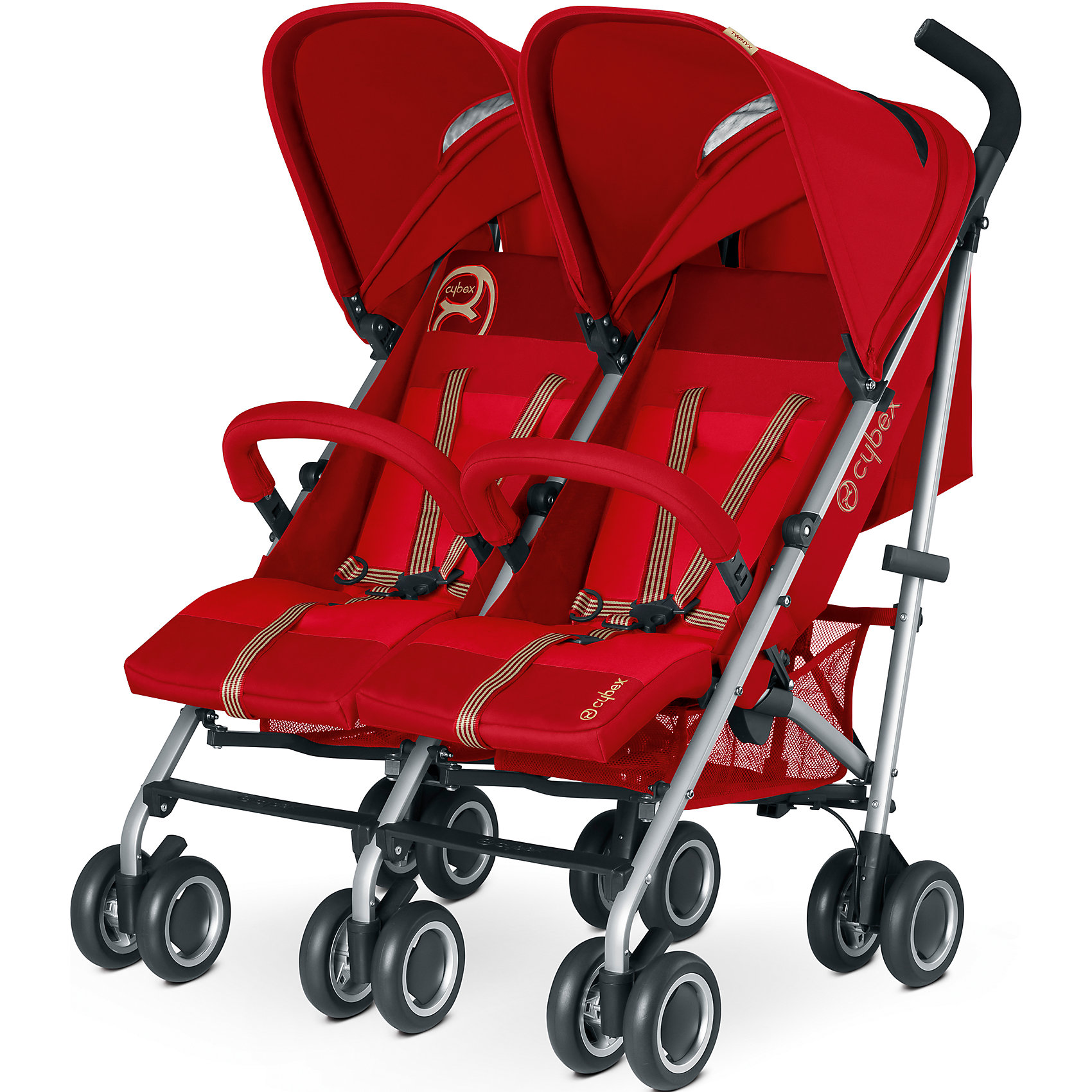 Коляска-трость Twinyx, Cybex, hot spicy Коляска-трость Twinyx, Cybex, hot spicyCybex Twinyx - это легкая и невероятно удобная коляска-трость предназначена для двойни в возрасте от 6 до 3 лет. Она легкая благодаря алюминиевой раме, дышащая ткань обивки не даст малышам вспотеть, а телескопические регулируемые по высоте капюшоны с карманами для мелочей надежно защитят их от солнца и дождя.<br> Двойные поворотные колеса обеспечивают хорошую маневренность коляске, спинки сидений и подножки регулируются по высоте. Около шасси имеются вместительные корзины для покупок. Коляска компактно складывается и не занимает много места. Малыши фиксируются в сиденьях пятиточечными ремнями безопасности, спереди имеются мягкие бамперы.<br><br>Особенности: <br>- 100% алюминиевая облегченная рама делает коляску легкой в управлении и удобной для транспортировки.<br>- Обивка из дышащих материалов обеспечит комфорт малышу в любое время года, летом коляска хорошо вентилируется.<br>- Два внушительных капюшона хорошо защитят малышей от солнца и непогоды. Капюшоны регулируются независимо. <br>- Смотровое окошко на капюшоне позволит маме держать малыша всегда в поле зрения.<br>- 4 положения спинки позволят отдохнуть крохе и набраться сил для новых свершений.<br>- Мягкая подвеска коляски на всех парах колес сглаживает неровности дороги.<br>- Регулируемые независимо подножки значительно удлиняют спальное место. <br>- Центральный тормоз на задних колесах надежно удержит коляску на месте.<br>- Передние поворотные колеса большого диаметра обеспечивают плавный ход и отличную управляемость.<br>- В сложенном состоянии коляска надежно фиксируется.<br>- Коляска Twinyx рассчитана на максимальную нагрузку в 35 кг.<br>- Диаметр колес: 14 см.<br>- Количество колес: 6 пар сдвоенных колес<br><br>В комплект входит:<br>- коляска;<br>- 2 сетки для игрушек и продуктов;<br>- 2 бампера для рук ребенка;<br><br>Дополнительная информация:<br><br>- Цвет: Hot spicy.<br>- Размер упаковки: 90х41х37 см.<br>- Вес в упаковке: 9,300 кг.<br><br>Коляску - трость Twinyx Cybex можно купить в нашем магазине.<br><br>Ширина мм: 900<br>Глубина мм: 410<br>Высота мм: 370<br>Вес г: 9300<br>Возраст от месяцев: 6<br>Возраст до месяцев: 36<br>Пол: Унисекс<br>Возраст: Детский<br>SKU: 4738650