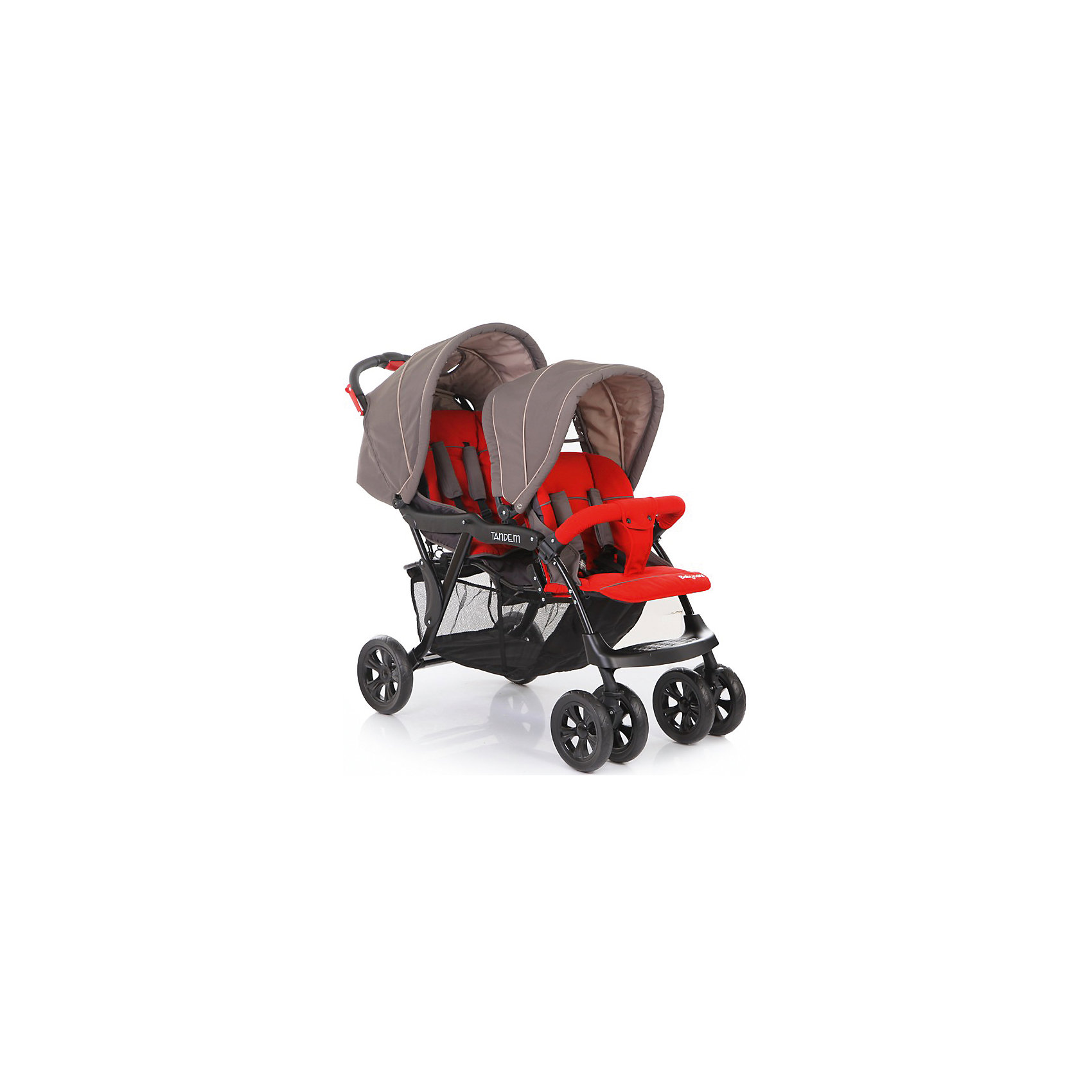 Прогулочная коляска для двойни Baby Care Tandem, серый/красный Прогулочная коляска для двойни Baby Care Tandem, серый/красныйКоляски для двойни<br>Характеристики коляски для двойни Baby Care Tandem:<br><br>• расположение прогулочных блоков: паровозиком;<br>• угол наклона спинки регулируется: на переднем блоке в 2-х положениях, на заднем блоке в нескольких положениях, с помощью ремня;<br>• регулируемые капюшоны;<br>• на капюшоне второго блока имеется кармашек и смотровое окошко;<br>• подножка регулируется;<br>• дополнительная пластиковая подножка;<br>• наличие 5-ти точечных ремней безопасности с мягкими накладками;<br>• съемный бампер, один, на переднем прогулочном блоке;<br>• тканевый разделитель для ножек, крепится кнопками к переднему бамперу;<br>• материал прогулочных блоков: полиэстер. <br><br>Характеристики шасси коляски Baby Care Tandem:<br><br>• тип складывания: книжка;<br>• передние колеса двойные, поворотные с блокировкой;<br>• задние колеса одинарные;<br>• задний стояночный тормоз;<br>• вместительная корзина для покупок;<br>• материал рамы: алюминий;<br>• материал колес: пластик.<br><br>Прогулочная коляска для двойни представлена паровозиком, используется для детей в возрасте от 6 месяцев до 3-х лет, вес которых находится в пределах 15 кг каждого ребенка. Регулируемые спинки и капюшоны позволяют подобрать для малышей удобное положение, регулируются независимо друг от друга. <br><br>Размеры коляски для двойни:<br><br>• размер в разложенном виде: 120х57х112 см;<br>• размер в сложенном виде: 99х57х37 см;<br>• вес коляски: 13,5 кг;<br>• ширина каждого сиденья: 37 см;<br>• ширина колесной базы: 57 см;<br>• размер корзины для покупок: 70х31х25 см;<br>• диаметр передних колес: 20,3 см;<br>• диаметр задних колес: 25,4 см;<br>• размер упаковки: 47х32х94 см;<br>• вес упаковки: 15,5 кг.<br><br>Комплектация: <br><br>• 2 прогулочных блока с капюшонами и бампером;<br>• шасси с колесами;<br>• корзина для покупок;<br>• 2 накидки на ножки;<br>• инструкция. <br><br>Прогулочную коляску для двойни Tandem, Baby Care, красную можно купить в нашем интернет-магазине.<br><br>Ширина мм: 940<br>Глубина мм: 470<br>Высота мм: 320<br>Вес г: 15500<br>Возраст от месяцев: 6<br>Возраст до месяцев: 36<br>Пол: Унисекс<br>Возраст: Детский<br>SKU: 4746887