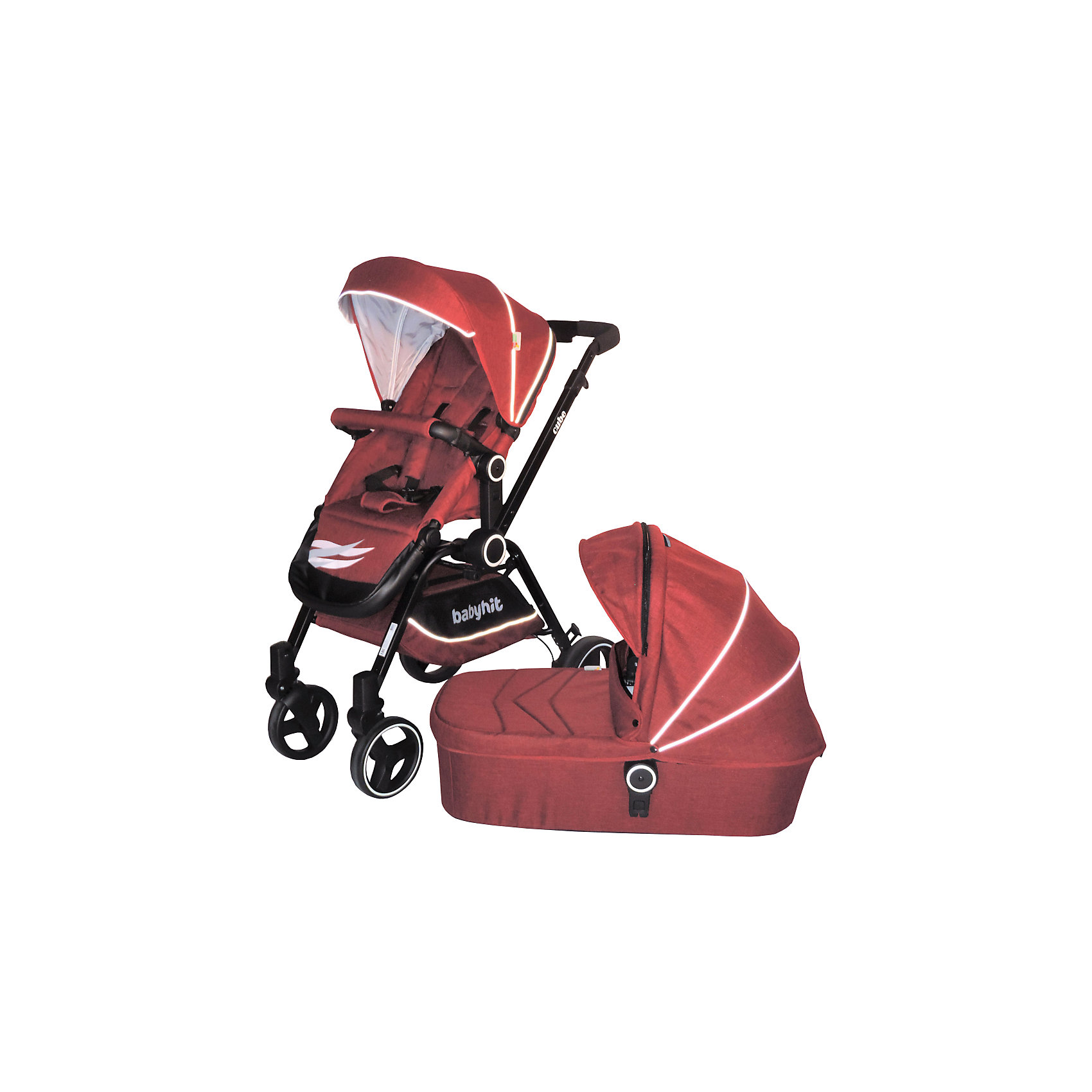 Коляска 2 в 1 BabyHit CUBE, красный Коляска 2 в 1 BabyHit CUBE, красныйКоляски 2 в 1<br>Коляска отличается рамой современного дизайна и уникальной системы компактного складывания, что позволяет перевозить ее даже в небольших автомобилях.<br><br>Передние поворотные колеса с возможностью фиксации в положении прямо придают коляске повышенную манёвренность. Небольшой вес, амортизация на всех колесах, возможность установки люльки и прогулочного блока в любом направлении движения, съемный поручень с паховым ремнем на прогулочном сиденье, большой солнцезащитный козырек на капюшоне прогулочного сиденья и люльки, регулируемая спинка прогулочного сиденья (с положением «лежа»).<br><br>Особенности:<br>- Большой солнцезащитный козырек на капюшоне прогулочного блока и люльки.<br>- Установка люльки и прогулочного блока в любом направлении движения.<br>- Съемный поручень.<br>- Регулируемая спинка прогулочного сиденья (положение «лежа»).<br>- Регулируемая подножка.<br>- Передние поворотные колеса с функцией фиксации в положении «прямо».<br>- Система амортизации.<br>- Багажная корзина.<br>- 5-ти точечный ремень безопасности.<br><br>В комплекте: <br>- Полог для люльки, <br>- Полог для прогулочного блока,<br>- Москитная сетка, <br>- Дождевик.<br>- Чехол на ноги.<br><br>Дополнительная информация:<br><br>- Цвет: красный.<br>- Возраст ребенка: до 3 лет.<br>- Вес шасси: 9 кг<br>- Вес прогулочного сидения: 3,5 кг<br>- Вес люльки: 4 кг<br>- Диаметр передних колес 18 см, диаметр задних 25 см.<br>- Вес в упаковке: 18 кг.<br><br>Купить коляску 2 в 1 CUBE, Baby Hit, в красном цвете, можно в нашем магазине.<br><br>Ширина мм: 520<br>Глубина мм: 320<br>Высота мм: 850<br>Вес г: 18000<br>Возраст от месяцев: 0<br>Возраст до месяцев: 36<br>Пол: Унисекс<br>Возраст: Детский<br>SKU: 4756915