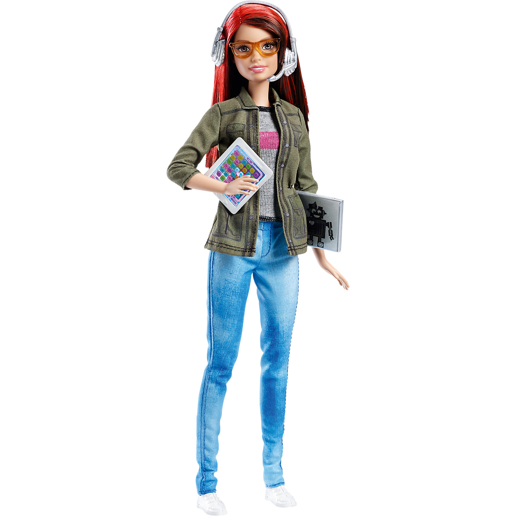 Кукла разработчик компьютерных игр, Barbie Кукла разработчик компьютерных игр, BarbieПопулярные игрушки<br>Кукла разработчик компьютерных игр, Barbie от Mattel (Маттел) ? Барби предстает в новом образе ультрасовременной разработчицы компьютерных игр. Наряд куклы соответствует ее новой профессии: слегка потертые джинсы, трикотажная маечка, жакет защитного цвета с рукавами три четверти и белые кроссовки. Волосы ? прямые, ярко рыжего цвета. Барби носит очки. В комплекте имеются аксессуары, характеризующие род деятельности ? планшет, ноутбук и наушники. Все элементы выполнены из безопасного и нетоксичного пластика. <br>Кукла разработчик компьютерных игр, Barbie от Mattel (Маттел) может быть отличным вариантом в качестве подарка для девочки к любому торжеству.<br><br>Дополнительная информация:<br><br>- Вид игр: сюжетно-ролевые <br>- Предназначение: для дома<br>- Комплектация: Кукла, компьютер, очки, планшет, наушники <br>- Материал: пластик, резина, текстиль<br>- Размеры (Д*Ш*В): 28*15*6 см<br>- Вес: 210 г<br><br>Подробнее:<br><br>• Для детей в возрасте: от 3 лет и до 6 лет<br>• Страна производитель: Китай<br>• Торговый бренд: Barbie<br><br>Куклу разработчика компьютерных игр, Barbie от Mattel (Маттел) можно купить в нашем интернет-магазине.<br><br>Ширина мм: 329<br>Глубина мм: 205<br>Высота мм: 68<br>Вес г: 249<br>Возраст от месяцев: 36<br>Возраст до месяцев: 72<br>Пол: Женский<br>Возраст: Детский<br>SKU: 4765325