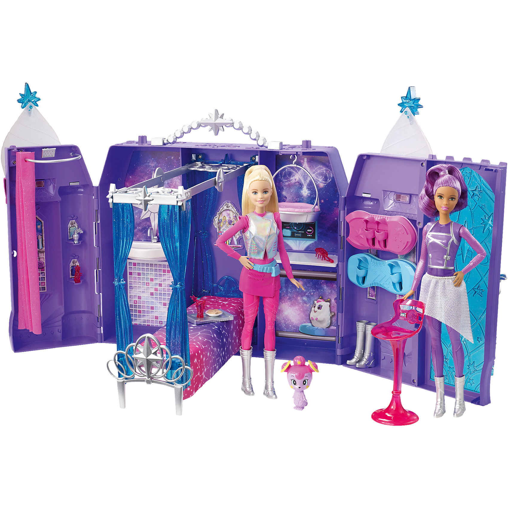 Игровой набор Космический замок, Barbie Игровой набор Космический замок, BarbieДомики и мебель<br>Игровой набор Космический замок, Barbie- потрясающая игрушка от компании Mattel, созданная по мотивам мультфильма Барби и космическое приключение В наборе 4 игровых пространства (комнаты): ванная с душем и раковиной, спальня с кроватью, гостиная и комната для тренировок на ховерборде, в ней же расположена открывающаяся дверь. В комплект также входят 2 ховерборда, стул, фигурка питомца и различные аксессуары. Домик складывается в удобный чемоданчик с ручкой, который удобно переносить. . С таким набором девочка сможет придумать множество сюжетно- ролевых игр: прокатить кукол на космическом транспорте, поместив их ноги в специальную подставку, поиграть с необычным щенком, поесть особых блюд и многое другое. Игра с набором Barbie надолго увлечет малышку и даст бесконечный простор для воображения!<br><br>Внимание!! Куклы в комплект не входят и приобретаются отдельно.<br><br> В набор входит:<br>• питомец;<br>• замок-чемоданчик;<br>• игрушечные продукты питания;<br>• обувь;<br>• аксессуары.<br><br>Дополнительнаяинформация:<br><br>• Материал: текстиль, пластик.<br>• Размер упаковки: 40x32,5x13,5 см.<br>• Вес: 1,5 кг.<br><br>Игровой набор Космический замок, Barbie можно купить в нашем интернет-магазине.<br><br>Ширина мм: 407<br>Глубина мм: 330<br>Высота мм: 144<br>Вес г: 1831<br>Возраст от месяцев: 36<br>Возраст до месяцев: 84<br>Пол: Женский<br>Возраст: Детский<br>SKU: 4765342