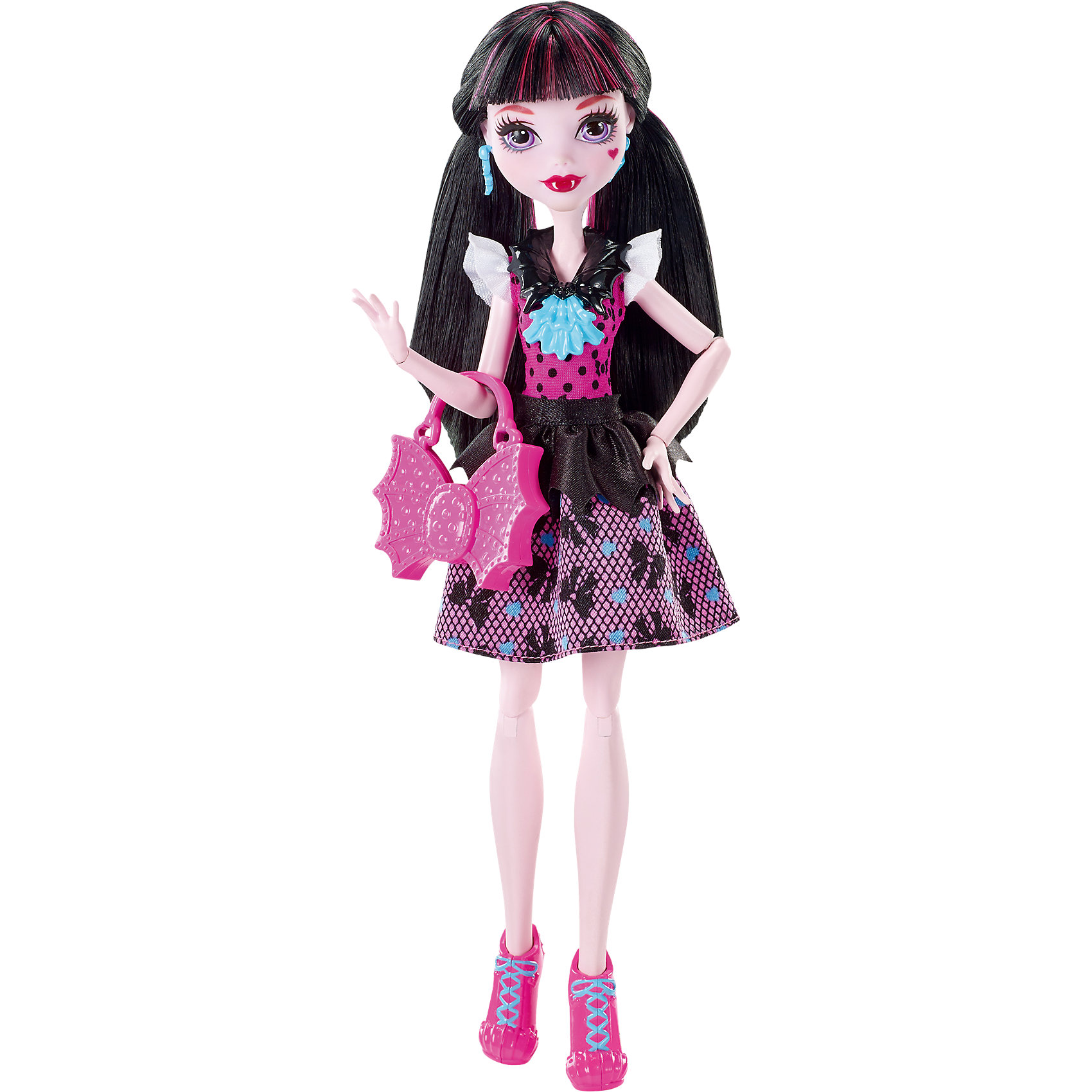 Кукла Дракулаура в модном наряде, Monster High Кукла Дракулаура в модном наряде, Monster HighMonster High<br>Дракулаура - милая девочка, дочь графа Дракулы. На этот раз она красиво нарядилась для первого дня в школе Monster High. Кукла одета в оригинальное платье с принтом и стильные розовые ботиночки. Милая розовая сумочка в форме летучей мыши прекрасно дополняет образ юной леди.<br><br>Дополнительная информация:<br>Материал: пластик<br>Куклу Дракулауру можно купить в нашем интернет-магазине.<br><br>Ширина мм: 324<br>Глубина мм: 152<br>Высота мм: 66<br>Вес г: 204<br>Возраст от месяцев: 72<br>Возраст до месяцев: 120<br>Пол: Женский<br>Возраст: Детский<br>SKU: 4765346