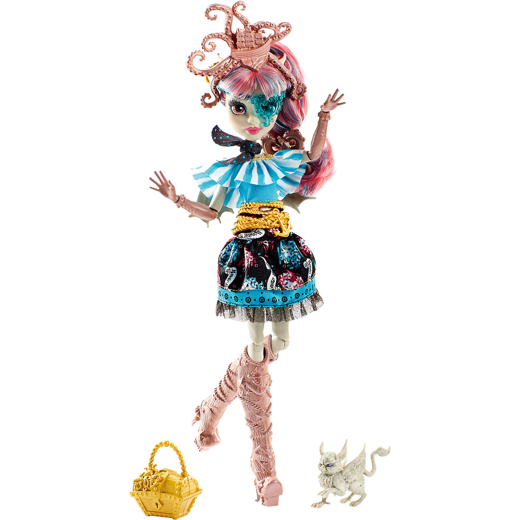 Кукла Рошель Гойл из серии Пиратская авантюра, Monster High Кукла Рошель Гойл из серии Пиратская авантюра, Monster HighMonster High<br>Рошель Гойл, дочери горгульи на этот раз предстоит найти выход с необитаемого острова после кораблекрушения. И, конечно же, не обойдется без поиска сокровищ! Кукла одета в стильное платье с рюшами и поясом в виде якоря. Сапожки и сумочка в форме сундучка украшены драгоценными камнями. Модная шляпка-осьминог, питомец и маска в виде сердечка подчеркивают оригинальность образа настоящей пиратки. <br><br>Дополнительная информация:<br>Материал: пластик<br>Требуется подставка<br>Куклу Рошель Гойл(Monster High) можно купить в нашем интернет-магазине.<br><br>Ширина мм: 203<br>Глубина мм: 64<br>Высота мм: 324<br>Вес г: 500<br>Возраст от месяцев: 72<br>Возраст до месяцев: 144<br>Пол: Женский<br>Возраст: Детский<br>SKU: 4765360