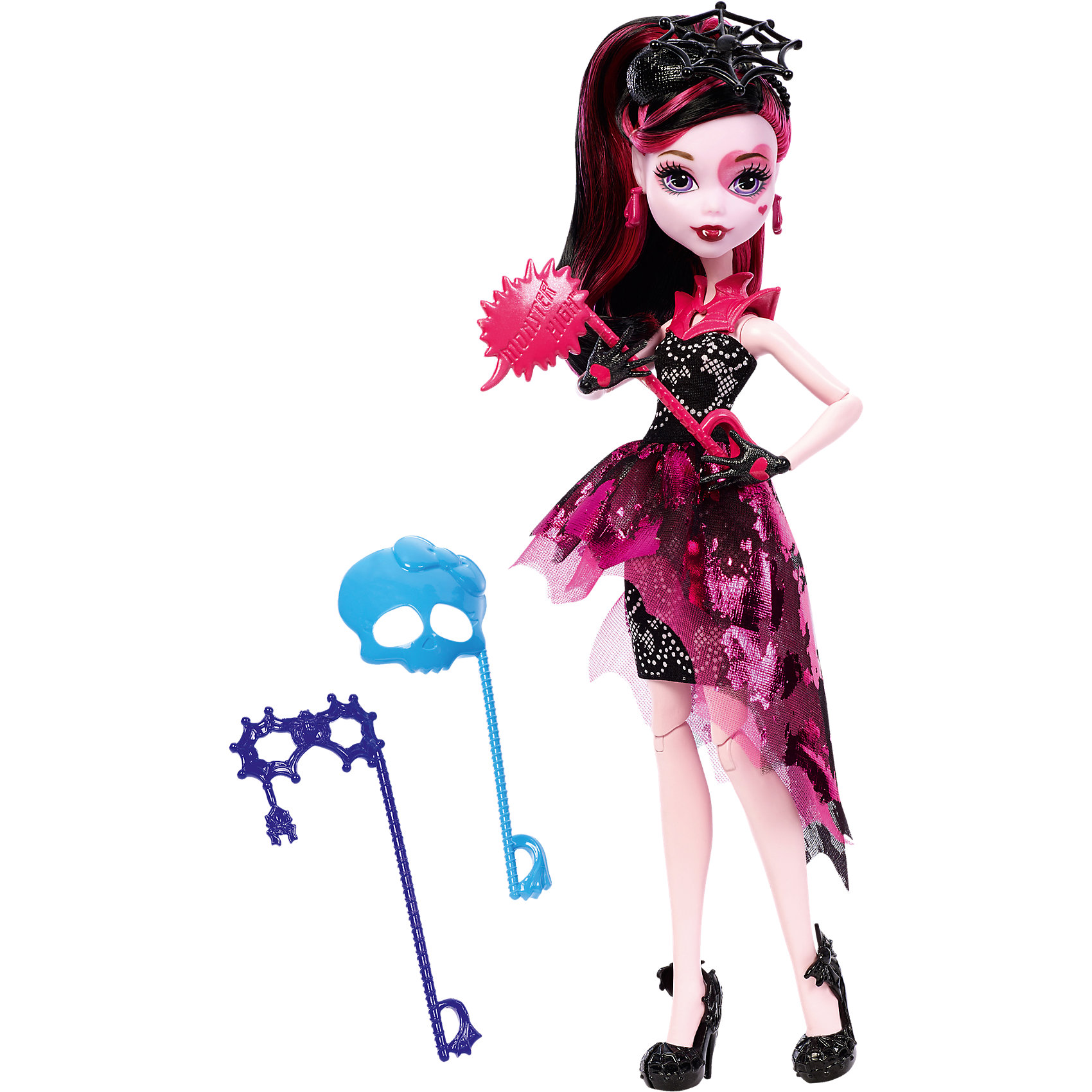 Кукла Дракулаура из серии Буникальные танцы с аксессуарами, Monster High Кукла Дракулаура из серии Буникальные танцы с аксессуарами, Monster HighMonster High<br>Кукла Дракулаура выглядит потрясающе в своем вечернем платье! С собой она взяла 3 маски-аксессуара для настоящей фотосессии. Кукла одета в пышное платье в своем любимом стиле вампира. Голова украшена шляпкой с большой паутиной. Стильные туфельки с летучими мышами, колье и сережки прекрасно дополняют необычный образ Дракулауры.<br><br>Дополнительная информация:<br>Материал: пластик<br>Куклу Дракулауру можно приобрести в нашем интернет-магазине.<br><br>Ширина мм: 327<br>Глубина мм: 205<br>Высота мм: 71<br>Вес г: 250<br>Возраст от месяцев: 72<br>Возраст до месяцев: 120<br>Пол: Женский<br>Возраст: Детский<br>SKU: 4765373