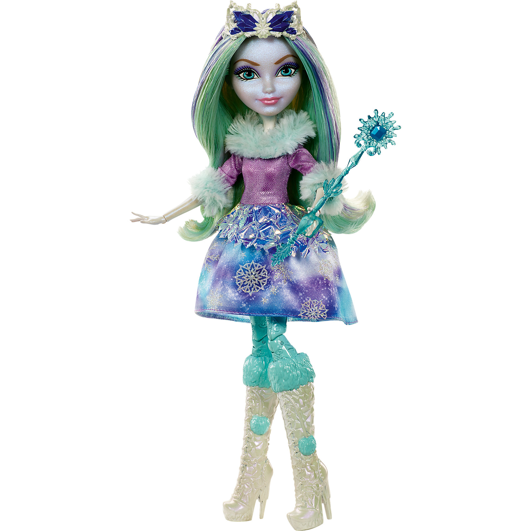 Кукла Кристал Винтер из коллекции Заколдованная зима, Ever After High Кукла Кристал Винтер из коллекции Заколдованная зима, Ever After HighКукла Кристал Винтер, Ever After High™ (Эвер Афтер Хай) ? одна из героинь серии Заколдованная зима, Ever After High. Кукла выполнена из безопасного эластичного пластика, головы из безопасного и нетоксичного ПВХ, волосы из нейлона. Все части тела: руки, ноги, голова ? подвижные.<br>Кристал обучается с другими героинями знаменитого мультфильма Школа «Долго и Счастливо». Она является дочерью Снежной Королевы и Снежного Короля. Ее образ состоит из платья, отделанного мехом, высоких сапожек, в руках — ледяной жезл с кристаллом, на голове – диадемма. В комплекте с куклой идет кольцо детского размера и книжка.<br><br>Дополнительная информация:<br><br>- Вид игр: сюжетно-ролевые <br>- Предназначение: для дома<br>- Материал: пластик, ПВХ, текстиль, нейлон<br>- Цвет: голубой, фиолетовый, белый<br>- Размер (Д*Ш*В): 6*24*33 см<br>- Вес: 325 г <br>- Особенности ухода: куклу можно купать, аксессуары ? мыть в теплой мыльной воде, платье ? ручная стирка<br><br>Подробнее:<br><br>• Для детей в возрасте: от 6 лет и до 12 лет<br>• Страна производитель: Китай<br>• Торговый бренд: Mattel<br><br>Куклу Кристал Финтер, Ever After High™ (Эвер Афтер Хай) можно купить в нашем интернет-магазине.<br><br>Ширина мм: 327<br>Глубина мм: 230<br>Высота мм: 66<br>Вес г: 311<br>Возраст от месяцев: 72<br>Возраст до месяцев: 144<br>Пол: Женский<br>Возраст: Детский<br>SKU: 4765386