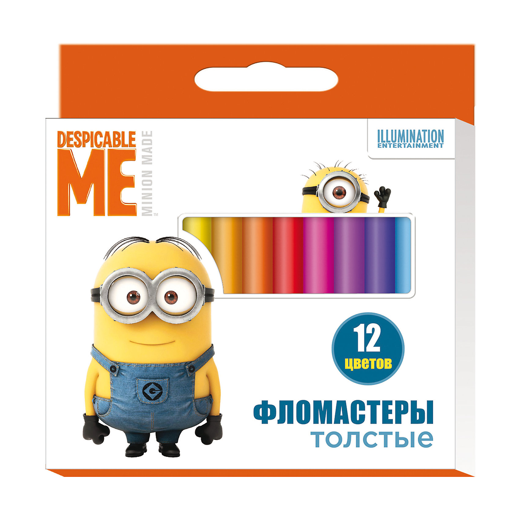 Фломастеры 12 цв., Миньоны Фломастеры 12 цв., МиньоныМиньоны<br>Набор фломастеров, Миньоны, предназначен для самых юных художников, которые только учатся их держать. Утолщенная форма корпуса создана специально для маленьких детских пальчиков. Фломастеры обладают яркими насыщенными цветами, а прочный утолщенный<br>наконечник позволит рисовать без проблем. Набор оформлен в нарядную картонную упаковку с изображением забавного миньона из популярного мультфильма Гадкий Я. В комплекте 12 фломастеров разных цветов с вентилируемыми колпачками. Фломастеры изготовлены из<br>материала, обеспечивающего прочность корпуса и препятствующего испарению чернил, благодаря этому они имеют гарантированно долгий срок службы. Рисование развивает мелкую моторику, воображение, фантазию, а также творческие навыки.<br><br><br>Дополнительная информация:<br><br>- Количество фломастеров: 12 шт.<br>- Материал: ПВХ, пластик, чернила на водной основе. <br>- Длина корпуса фломастера: 14,5 см., диаметр корпуса: 1,5 см.<br>- Размер упаковки: 17 х 1,5 х 14,5 см.<br>- Вес: 160 гр.<br><br>Фломастеры, 12 цв., Миньоны, Росмэн, можно купить в нашем интернет-магазине.<br><br>Ширина мм: 170<br>Глубина мм: 145<br>Высота мм: 15<br>Вес г: 160<br>Возраст от месяцев: 36<br>Возраст до месяцев: 120<br>Пол: Унисекс<br>Возраст: Детский<br>SKU: 4774833