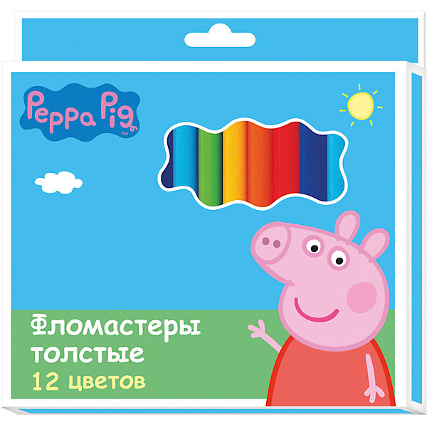 Фломастеры 12 цв., Свинка Пеппа Фломастеры 12 цв., Свинка ПеппаФломастеры<br>Набор фломастеров, Свинка Пеппа, предназначен для самых юных художников, которые только учатся их держать. Утолщенная форма корпуса создана специально для маленьких детских пальчиков. Фломастеры обладают яркими насыщенными цветами, а прочный утолщенный<br>наконечник позволит рисовать без проблем. Набор оформлен в нарядную голубую упаковку с изображением любимой героини из популярного мультсериала Свинка Пеппа. В комплекте 12 фломастеров разных цветов с вентилируемыми колпачками. Фломастеры изготовлены из<br>материала, обеспечивающего прочность корпуса и препятствующего испарению чернил, благодаря этому они имеют гарантированно долгий срок службы. Рисование развивает мелкую моторику, воображение, фантазию, а также творческие навыки.<br><br><br>Дополнительная информация:<br><br>- Количество фломастеров: 12 шт.<br>- Материал: ПВХ, пластик, чернила на водной основе. <br>- Длина корпуса фломастера: 14,5 см., диаметр корпуса: 1,5 см.<br>- Размер упаковки: 17,2 х 1,4 х 14,5 см.<br>- Вес: 167 гр.<br><br>Фломастеры, 12 цв., Свинка Пеппа, Росмэн, можно купить в нашем интернет-магазине.<br><br>Ширина мм: 172<br>Глубина мм: 145<br>Высота мм: 14<br>Вес г: 167<br>Возраст от месяцев: 36<br>Возраст до месяцев: 120<br>Пол: Унисекс<br>Возраст: Детский<br>SKU: 4774843