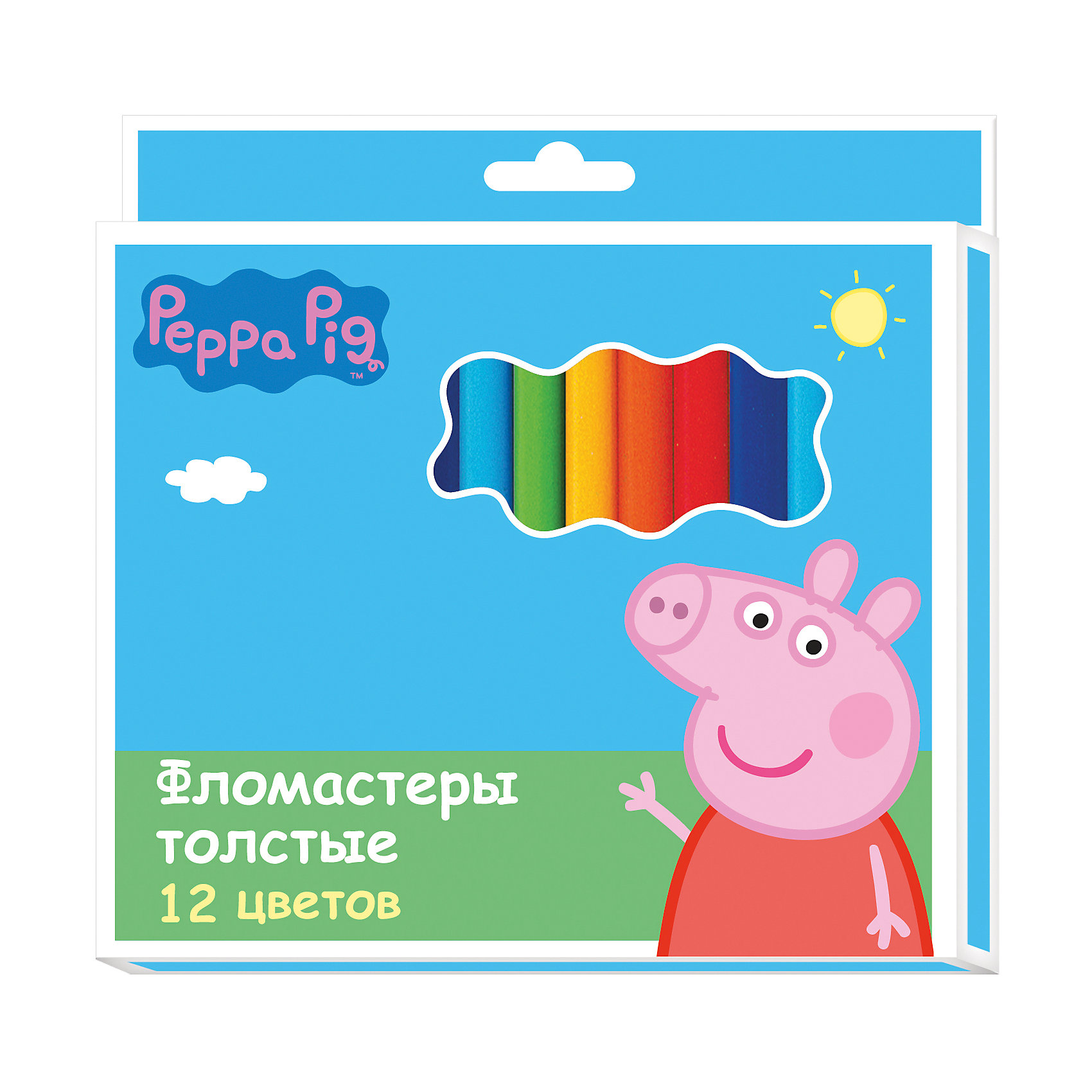Фломастеры 12 цв., Свинка Пеппа Фломастеры 12 цв., Свинка ПеппаСвинка Пеппа<br>Набор фломастеров, Свинка Пеппа, предназначен для самых юных художников, которые только учатся их держать. Утолщенная форма корпуса создана специально для маленьких детских пальчиков. Фломастеры обладают яркими насыщенными цветами, а прочный утолщенный<br>наконечник позволит рисовать без проблем. Набор оформлен в нарядную голубую упаковку с изображением любимой героини из популярного мультсериала Свинка Пеппа. В комплекте 12 фломастеров разных цветов с вентилируемыми колпачками. Фломастеры изготовлены из<br>материала, обеспечивающего прочность корпуса и препятствующего испарению чернил, благодаря этому они имеют гарантированно долгий срок службы. Рисование развивает мелкую моторику, воображение, фантазию, а также творческие навыки.<br><br><br>Дополнительная информация:<br><br>- Количество фломастеров: 12 шт.<br>- Материал: ПВХ, пластик, чернила на водной основе. <br>- Длина корпуса фломастера: 14,5 см., диаметр корпуса: 1,5 см.<br>- Размер упаковки: 17,2 х 1,4 х 14,5 см.<br>- Вес: 167 гр.<br><br>Фломастеры, 12 цв., Свинка Пеппа, Росмэн, можно купить в нашем интернет-магазине.<br><br>Ширина мм: 172<br>Глубина мм: 145<br>Высота мм: 14<br>Вес г: 167<br>Возраст от месяцев: 36<br>Возраст до месяцев: 120<br>Пол: Унисекс<br>Возраст: Детский<br>SKU: 4774843