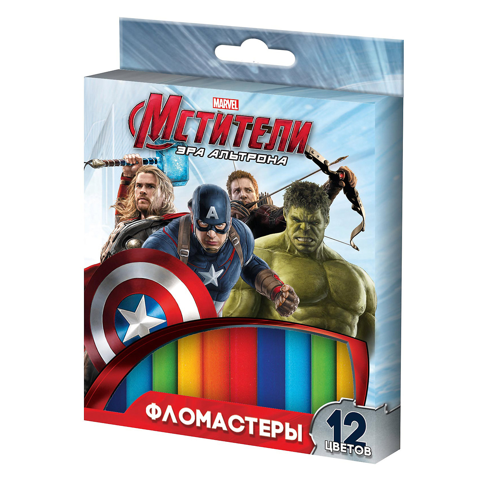 Фломастеры 12 цв., Мстители Фломастеры 12 цв., МстителиMarvel<br>Набор фломастеров, Мстители, прекрасно подойдет для детского творчества, рисования и оформительских работ. Фломастеры обладают яркими насыщенными цветами и позволяют создавать маленькому художнику яркие картинки. Изготовлены из материала, обеспечивающего<br>прочность корпуса и препятствующего испарению чернил, благодаря этому они имеют гарантированно долгий срок службы: корпус не ломается, даже если согнуть фломастер пополам. Набор оформлен в яркую картонную упаковку с изображением супергероев из фильма Мстители.<br>В комплекте 12 фломастеров разных цветов с вентилируемыми колпачками. Рисование развивает мелкую моторику, воображение, фантазию, а также творческие навыки.<br><br><br>Дополнительная информация:<br><br>- Количество фломастеров: 12 шт.<br>- Материал: ПВХ, пластик, чернила на водной основе. <br>- Диаметр корпуса: 0,8 см.; длина: 13,5 см.<br>- Размер упаковки: 13,5 x 10,5 x 1 см.<br>- Вес: 60 гр.<br><br>Фломастеры 12 цв., Мстители, можно купить в нашем интернет-магазине.<br><br>Ширина мм: 135<br>Глубина мм: 105<br>Высота мм: 10<br>Вес г: 60<br>Возраст от месяцев: 36<br>Возраст до месяцев: 120<br>Пол: Унисекс<br>Возраст: Детский<br>SKU: 4774862