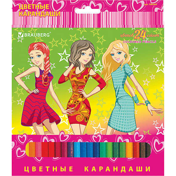 Цветные карандаши Pretty Girls, 24 цв., Brauberg Цветные карандаши Pretty Girls, 24 цв., BraubergПисьменные принадлежности<br>В наборе 24 карандаша, изготовленных из древесины ценных пород. Благодаря высококачественному грифелю, рисунок ляжет на бумагу густо, сплошной и четкой линией, при этом не крошась и не царапая бумагу. Изображение на упаковке имеет отделку блестками.<br>Такие яркие карандаши непременно понравятся Вашему ребенку!<br><br>Дополнительная информация: <br><br>- 24 цвета.<br>- Диаметр грифеля - 3 мм.<br>- Высокосортная древесина.<br>- Шестигранный корпус.<br>- Легко затачиваются.<br>- Размер упаковки: 20х18х0,8 см.<br>- Вес в упаковке: 175 г.<br><br>Цветные карандаши Pretty Girls Brauberg, можно купить в нашем магазине.<br><br>Ширина мм: 200<br>Глубина мм: 180<br>Высота мм: 8<br>Вес г: 175<br>Возраст от месяцев: 72<br>Возраст до месяцев: 2147483647<br>Пол: Унисекс<br>Возраст: Детский<br>SKU: 4792668