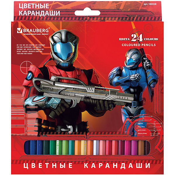 Цветные карандаши Star Patrol, 24 цв., Brauberg Цветные карандаши Star Patrol, 24 цв., BraubergПисьменные принадлежности<br>В наборе 24 карандаша, изготовленных из древесины ценных пород. Благодаря высококачественному грифелю, рисунок ляжет на бумагу густо, сплошной четкой линией. Приключения солдата будущего, изображенные на коробке, не оставят равнодушными юных художников.<br>Такие яркие карандаши непременно понравятся Вашему ребенку!<br><br>Дополнительная информация: <br><br>- 24 цвета.<br>- Диаметр грифеля - 3 мм.<br>- Высокосортная древесина.<br>- Шестигранный корпус.<br>- Легко затачиваются.<br>- Размер упаковки: 20х18х0,7 см. <br>- Вес в упаковке: 171 г.<br><br>Цветные карандаши Star Patrol Brauberg можно купить в нашем магазине.<br><br>Ширина мм: 200<br>Глубина мм: 180<br>Высота мм: 7<br>Вес г: 171<br>Возраст от месяцев: 72<br>Возраст до месяцев: 2147483647<br>Пол: Унисекс<br>Возраст: Детский<br>SKU: 4792669
