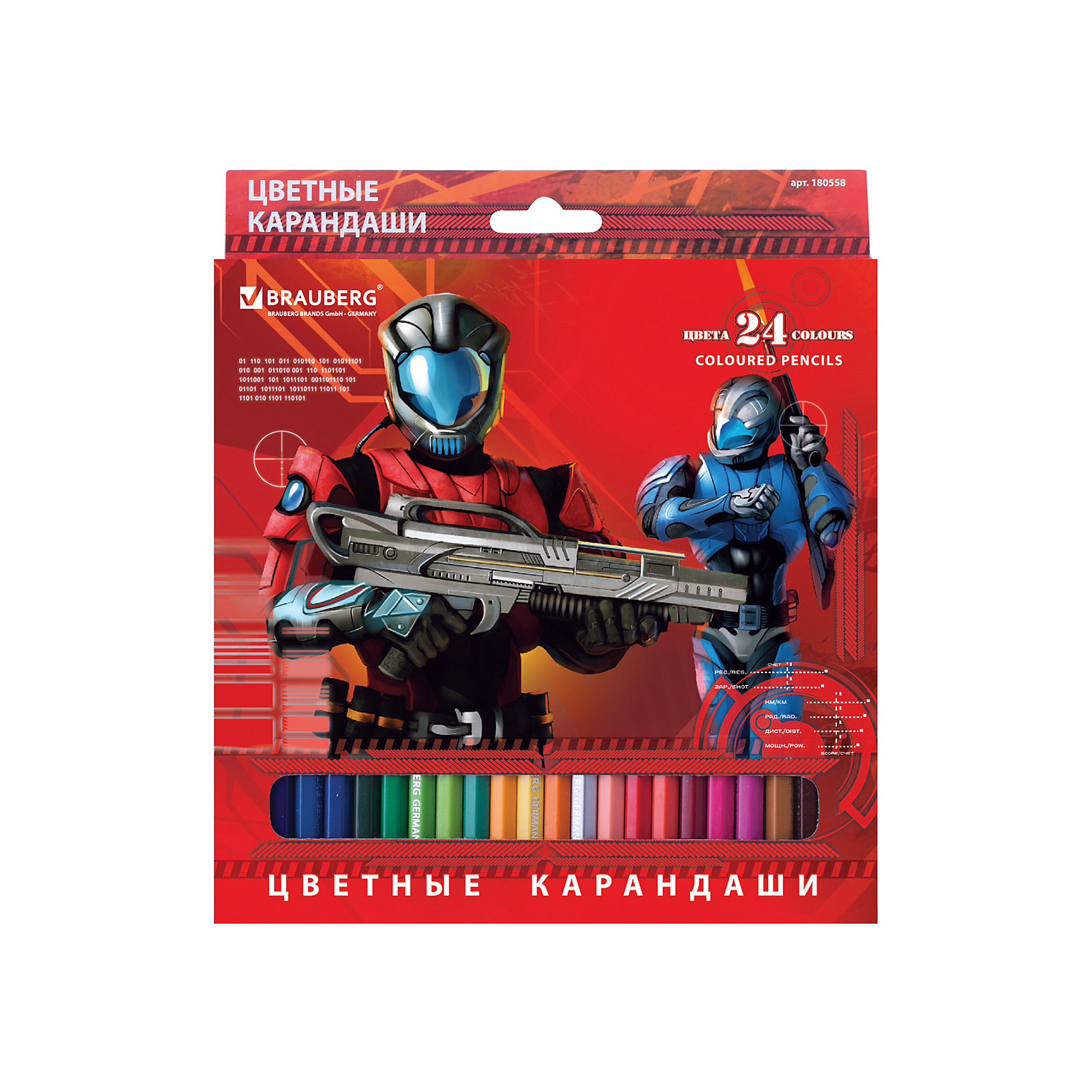 Цветные карандаши Star Patrol, 24 цв., Brauberg Цветные карандаши Star Patrol, 24 цв., BraubergПисьменные принадлежности<br>В наборе 24 карандаша, изготовленных из древесины ценных пород. Благодаря высококачественному грифелю, рисунок ляжет на бумагу густо, сплошной четкой линией. Приключения солдата будущего, изображенные на коробке, не оставят равнодушными юных художников.<br>Такие яркие карандаши непременно понравятся Вашему ребенку!<br><br>Дополнительная информация: <br><br>- 24 цвета.<br>- Диаметр грифеля - 3 мм.<br>- Высокосортная древесина.<br>- Шестигранный корпус.<br>- Легко затачиваются.<br>- Размер упаковки: 20х18х0,7 см. <br>- Вес в упаковке: 171 г.<br><br>Цветные карандаши Star Patrol Brauberg можно купить в нашем магазине.<br><br>Ширина мм: 200<br>Глубина мм: 180<br>Высота мм: 7<br>Вес г: 171<br>Возраст от месяцев: 72<br>Возраст до месяцев: 2147483647<br>Пол: Унисекс<br>Возраст: Детский<br>SKU: 4792669