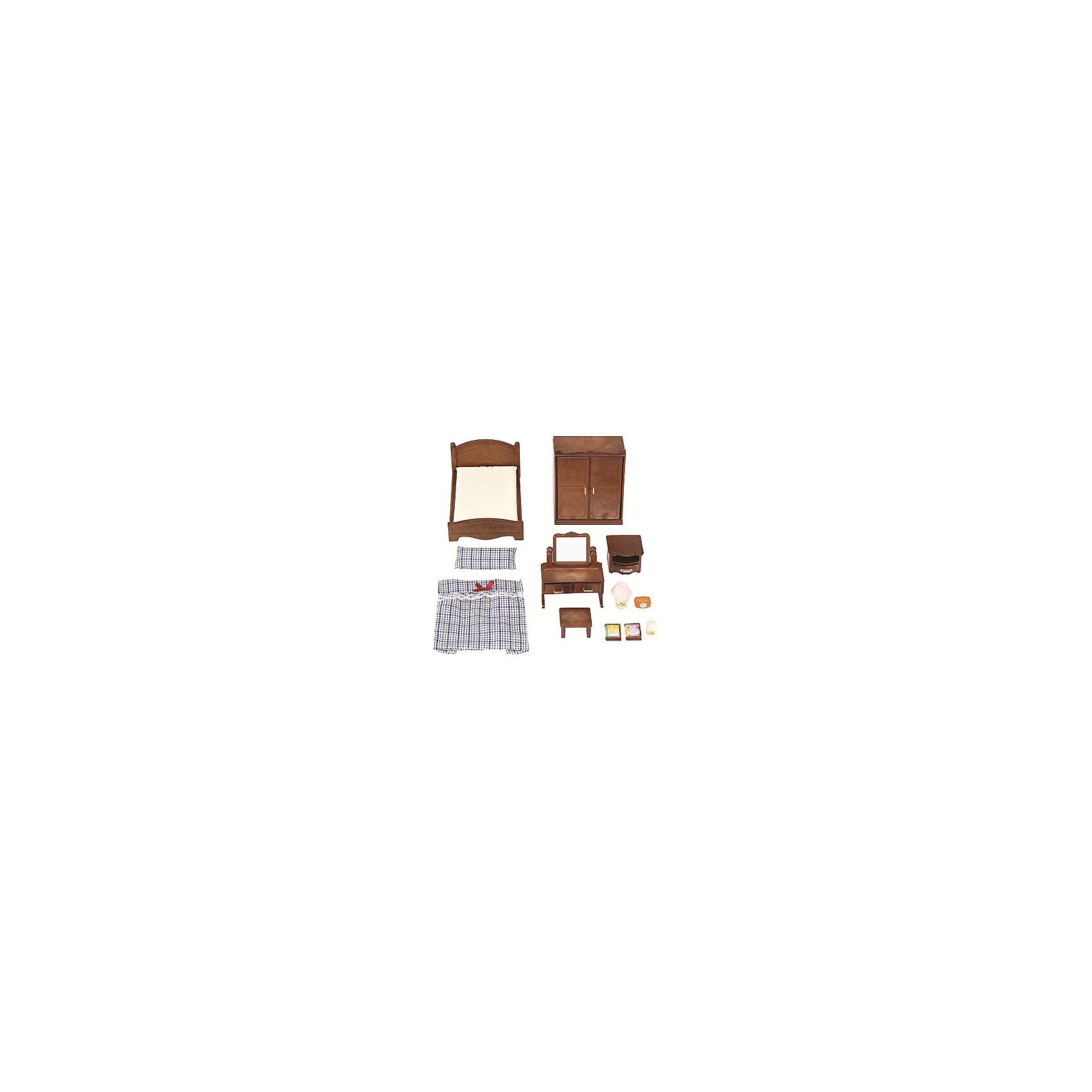 Набор Спальня Sylvanian Families, коричневый Набор Спальня Sylvanian Families, коричневыйSylvanian Families<br>Классический набор «Спальня « от Silvanian Families (Сильваниас Фэмилиес) поможет обустроить спальную комнату в домике лесных зверушек. Для этого в комплекте есть все необходимое.<br><br>В него, помимо, полутораспальной кровати и тумбочки входит еще множество других интересных предметов для обустройства уютной спальни.<br>В двустворчатый платяной шкаф можно сложить одежду, а туалетный столик с зеркалом и двумя выдвижными ящиками подойдет для хранения мелочей. <br><br>Высокое качество и внимание к деталям каждого элемента набора, является отличительной чертой всех игрушек из доброго мира Sylvanian Families.<br><br>В комплект входит: <br> кровать с постельными принадлежностями<br>шкаф<br>туалетный столик<br>тумбочка<br>аксессуары<br><br>Материал: текстиль, ПВХ с полимерным наполнением, пластмасса.<br><br>Дополнительная информация:<br>Размер упаковки: 30x15x8 см<br><br>Ширина мм: 306<br>Глубина мм: 171<br>Высота мм: 65<br>Вес г: 337<br>Возраст от месяцев: 36<br>Возраст до месяцев: 72<br>Пол: Женский<br>Возраст: Детский<br>SKU: 4797218