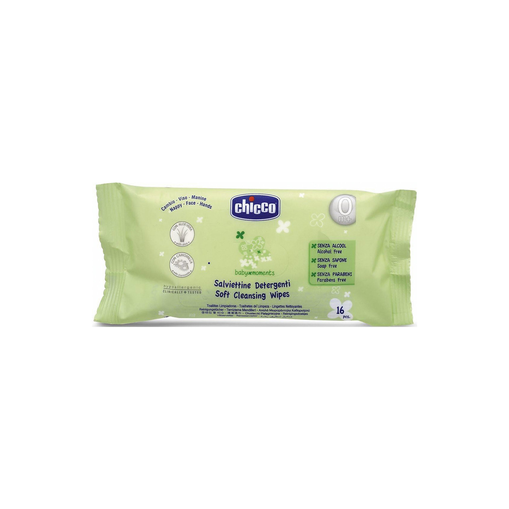 Салфетки очищающие Baby Moments, 0мес.+, с алоэ вера и ромашкой, 16шт., CHICCO Салфетки очищающие Baby Moments, 0мес.+, с алоэ вера и ромашкой, 16шт., CHICCOВлажные салфетки<br>Салфетки очищающие Baby Moments от известного итальянского бренда Chicco разработан совместно с ведущими специалистами и учитывают анатомические особенности грудного ребенка. Продукт не содержит парабенов, лаурил- и лауретсульфатов натрия, в нем есть увлажняющие растительные ингредиенты, которые подходят для чувствительной кожи и являются гипоаллергенными.<br>Эти салфетки подходят для детей с рождения, они созданы для поддержания чистоты во время смены подгузников. Формула с растительными компонентами - алоэ вера и ромашкой - мягко очищает и увлажняет кожу ребенка. В упаковке - шестнадцать штук. Салфетки сделаны из мягкого нетканого материала на основе целлюлозы. <br><br>Дополнительная информация:<br><br>возраст: с рождения;<br>16 штук в упаковке;<br>состав: мягкий нетканый материал на основе целлюлозы.<br><br>Салфетки очищающие Baby Moments от бренда CHICCO можно купить в нашем интернет-магазине.<br><br>Ширина мм: 150<br>Глубина мм: 90<br>Высота мм: 35<br>Вес г: 78<br>Возраст от месяцев: 0<br>Возраст до месяцев: 12<br>Пол: Унисекс<br>Возраст: Детский<br>SKU: 4803980