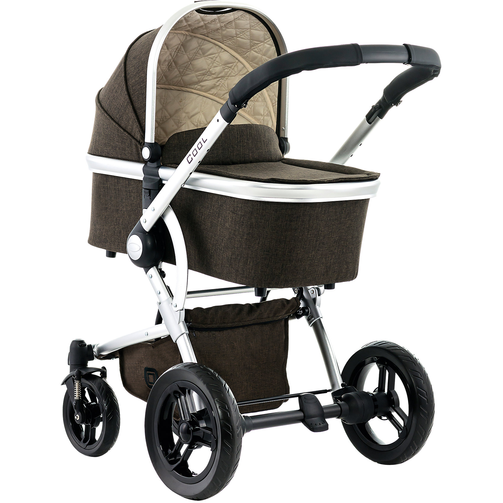 Коляска 2 в 1 Moon Cool, Brown Melang Коляска 2 в 1 Moon Cool, Brown MelangКоляски 2 в 1<br>Характеристики коляски 2в1 Moon Cool<br><br>Люлька:<br><br>• люлька оснащена ручкой для переноски;<br>• капюшон полностью опускается;<br>• имеется мягкий матрасик;<br>• ножки в основании люльки;<br>• накидка на люльку защищает малыша;<br>• люлька легко устанавливается на шасси коляски;<br>• материал люльки: пластик, полиэстер, обивка – хлопок.<br><br>Прогулочный блок:<br><br>• реверсивный прогулочный блок: лицом к маме, лицом к окружающему миру;<br>• регулируемый угол наклона спинки, горизонтальное положение, спальное место, угол наклона 175 градусов;<br>• рычаг регулировки находится сверху на капюшоне;<br>• регулируемая подножка: 2 положения;<br>• 5-ти точечные ремни безопасности с мягкими накладками;<br>• защитный бампер можно отвести в сторону или снять совсем;<br>• имеется тканевый разделитель для ножек, крепится к бамперу;<br>• капюшон с дополнительной секцией - сетчатая вентилируемая вставка;<br>• в комплекте анатомический вкладыш и дождевик;<br>• материал: пластик, полиэстер.<br><br>Рама коляски:<br><br>• ручка коляски регулируется по высоте;<br>• передняя ось уже, чем задняя ось;<br>• передние поворотные колеса можно зафиксировать для прямолинейной езды;<br>• колеса съемные;<br>• амортизация;<br>• ножной стояночный тормоз;<br>• тканевая корзина для покупок;<br>• шасси складывается без прогулочного блока;<br>• тип складывания: книжка;<br>• автоматически фиксируется в сложенном виде;<br>• на шасси коляски можно установить автокресло - адаптеры в комплекте;<br>• материал рамы: алюминий, материал колес: EVA, вспененный каучук.<br><br>Размеры:<br><br>• размер коляски: 101х63х110 см;<br>• размер коляски в сложенном виде: 95х63х56 см;<br>• внешний размер люльки: 81х39х24 см;<br>• внутренний размер люльки: 75х33х20 см;<br>• высота ручки: 97-105 см;<br>• диаметр колес: 20 см, 29 см;<br>• вес коляски с люлькой: 11,5 кг;<br>• вес в упаковке: 18,5 кг.<br><br>Коляску 2 в 1 Cool, Moon, Brown Melange можно купить в нашем интернет-магазине.<br><br>Ширина мм: 335<br>Глубина мм: 515<br>Высота мм: 920<br>Вес г: 18500<br>Цвет: коричневый меланж<br>Возраст от месяцев: 0<br>Возраст до месяцев: 36<br>Пол: Унисекс<br>Возраст: Детский<br>SKU: 4813097