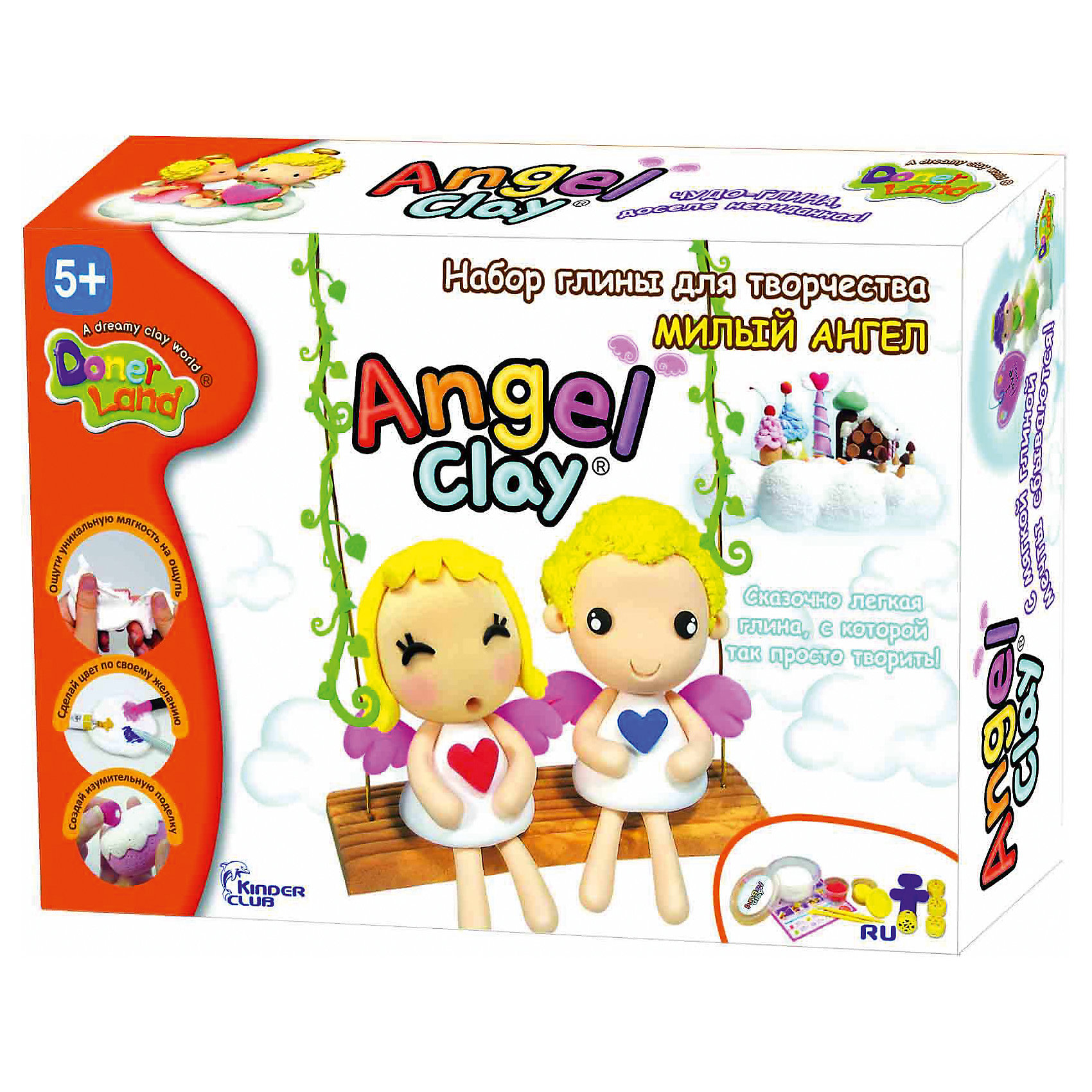 Игровой набор для лепки из глины Милый ангел, Angel Clay Игровой набор для лепки из глины Милый ангел, Angel ClayВсё для праздника<br>Очень мягкая и легкая глина для лепки. Она прекрасно лепится, быстро принимает любую текстуру и хорошо окрашивается в любой цвет.<br>А если смочить глину водой и подождать пару часов, она снова будет готова к использованию!<br>С таким набор Ваш ребенок сможет лепить и придумывать разных зверюшек сколько ему захочется!<br><br>В наборе:<br>- Ангельская глина 1 баночка 180мл (белый цвет для окрашивания).<br>- Ангельская глина 2 баночки по 18мл (красная и желтая).<br>- Пресс кондитерский для лепки сложных форм.<br>- Инструмент для лепки.<br>- Элементы из бумаги для украшения;<br>- Инструкция.<br><br>Дополнительная информация:<br><br>- Возраст: от 5 лет.<br>- Размер упаковки: 26х18х6 см.<br>- Вес в упаковке: 300 г.<br><br>Купить игровой набор для лепки из глины Милый ангел от Angel Clay, можно в нашем магазине.<br><br>Ширина мм: 260<br>Глубина мм: 180<br>Высота мм: 60<br>Вес г: 300<br>Возраст от месяцев: 60<br>Возраст до месяцев: 96<br>Пол: Женский<br>Возраст: Детский<br>SKU: 4823367
