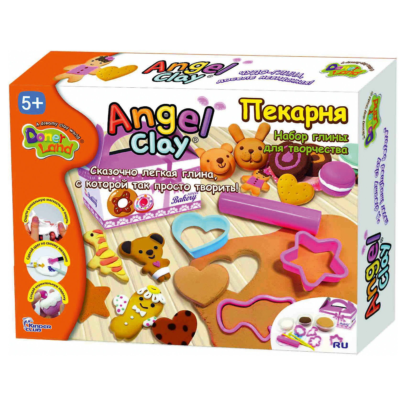 Игровой набор для лепки из глины Пекарня, Angel Clay Игровой набор для лепки из глины Пекарня, Angel ClayЛепка<br>Очень мягкая и легкая глина для лепки. Она прекрасно лепится, быстро принимает любую текстуру и хорошо окрашивается в любой цвет.<br>А если смочить глину водой и подождать пару часов, она снова будет готова к использованию!<br>С таким набор Ваш ребенок сможет лепить и придумывать разных зверюшек сколько ему захочется!<br><br>В наборе: <br>- Ангельская глина 1 баночка 135мл (светло-коричневый цвет).<br>- Ангельская глина 2 баночки по 54мл (белый цвет для лучшего окрашивания и шоколадный цвет).<br>- Формочки для лепки печенька.<br>- Мини-каталка.<br>- Инструменты для лепки.<br>- Подарочная коробочка для выпечки.<br>- Инструкция.<br><br>Дополнительная информация:<br><br>- Возраст: от 5 лет.<br>- Размер упаковки: 29х22х5,5 см.<br>- Вес в упаковке: 300 г.<br><br>Купить игровой набор для лепки из глины Пекарня от Angel Clay, можно в нашем магазине.<br><br>Ширина мм: 290<br>Глубина мм: 220<br>Высота мм: 55<br>Вес г: 300<br>Возраст от месяцев: 60<br>Возраст до месяцев: 96<br>Пол: Унисекс<br>Возраст: Детский<br>SKU: 4823368