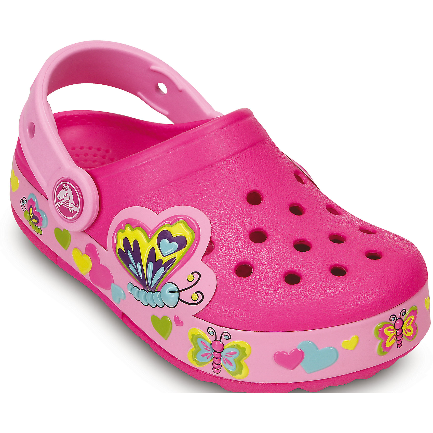 Сабо для девочки Crocs Сабо для девочки CrocsВстроенные светодиоды по периметру модели мерцают разноцветными огоньками при каждом шаге! Мягкие и удобные благодаря материалу Croslite™. Под воздействием температуры тела принимают форму стопы. Бактериостатичны - материал Croslite™ препятствует появлению неприятных запахов и легок в уходе: быстро сохнет и не оставляет следов на любых поверхностях. Анатомическая стелька с массажными линиями для стимуляции кровообращения и дополнительного комфорта. Вентиляционные отверстия в верхней части для свободного доступа воздуха. Пяточный ремешок для фиксации стопы при ходьбе. Отверстия в ремешке и в верхней части сабо можно использовать для аксессуаров Jibbitz™. Ресурс встроенных элементов питания составляет около 350 000 шагов. Для максимального комфорта правильно подбирайте размер - граница пятки должна совпадать с границей массажных линий на стельке сабо. При загрязнении используйте прохладную воду и мыло. Не подвергайте сабо воздействию высоких температур. <br><br>Состав: Полимерный материал Крослайт<br><br>Ширина мм: 225<br>Глубина мм: 139<br>Высота мм: 112<br>Вес г: 290<br>Цвет: розовый<br>Возраст от месяцев: 48<br>Возраст до месяцев: 60<br>Пол: Женский<br>Возраст: Детский<br>Размер: 28,30,31/32,34/35<br>SKU: 4828075