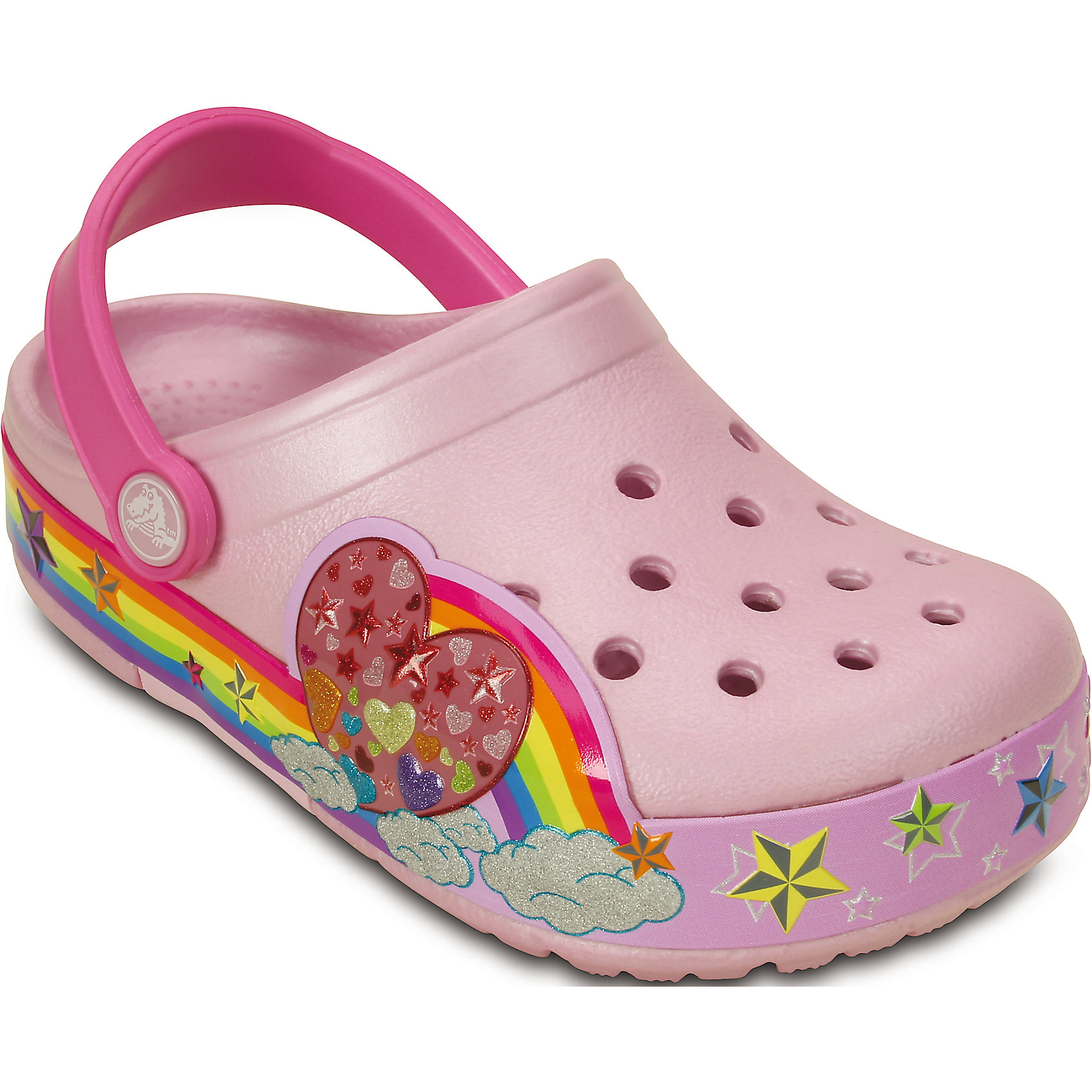 Сабо Kids’ CrocsLights Rainbow Heart Clog Crocs Сабо Kids’ CrocsLights Rainbow Heart Clog CrocsПляжная обувь<br>Характеристики товара:<br><br>• цвет: розовый<br>• материал: 100% полимер Croslite™<br>• литая модель<br>• вентиляционные отверстия<br>• бактериостатичный материал<br>• пяточный ремешок фиксирует стопу<br>• толстая устойчивая подошва<br>• отверстия для использования украшений<br>• анатомическая стелька с массажными точками стимулирует кровообращение<br>• страна бренда: США<br>• страна изготовитель: Китай<br><br>Для правильного развития ребенка крайне важно, чтобы обувь была удобной. Такие сабо обеспечивают детям необходимый комфорт, а анатомическая стелька с массажными линиями для стимуляции кровообращения позволяет ножкам дольше не уставать. Сабо легко надеваются и снимаются, отлично сидят на ноге. Материал, из которого они сделаны, не дает размножаться бактериям, поэтому такая обувь препятствует образованию неприятного запаха и появлению болезней стоп. <br>Обувь от американского бренда Crocs в данный момент завоевала широкую популярность во всем мире, и это не удивительно - ведь она невероятно удобна. Её носят врачи, спортсмены, звёзды шоу-бизнеса, люди, которым много времени приходится бывать на ногах - они понимают, как важна комфортная обувь. Продукция Crocs - это качественные товары, созданные с применением новейших технологий. Обувь отличается стильным дизайном и продуманной конструкцией. Изделие производится из качественных и проверенных материалов, которые безопасны для детей.<br><br>Сабо от торговой марки Crocs можно купить в нашем интернет-магазине.<br><br>Ширина мм: 225<br>Глубина мм: 139<br>Высота мм: 112<br>Вес г: 290<br>Цвет: розовый<br>Возраст от месяцев: 24<br>Возраст до месяцев: 36<br>Пол: Женский<br>Возраст: Детский<br>Размер: 26,31/32,27,28,29,30,23,24,25,33/34,34/35<br>SKU: 4828114