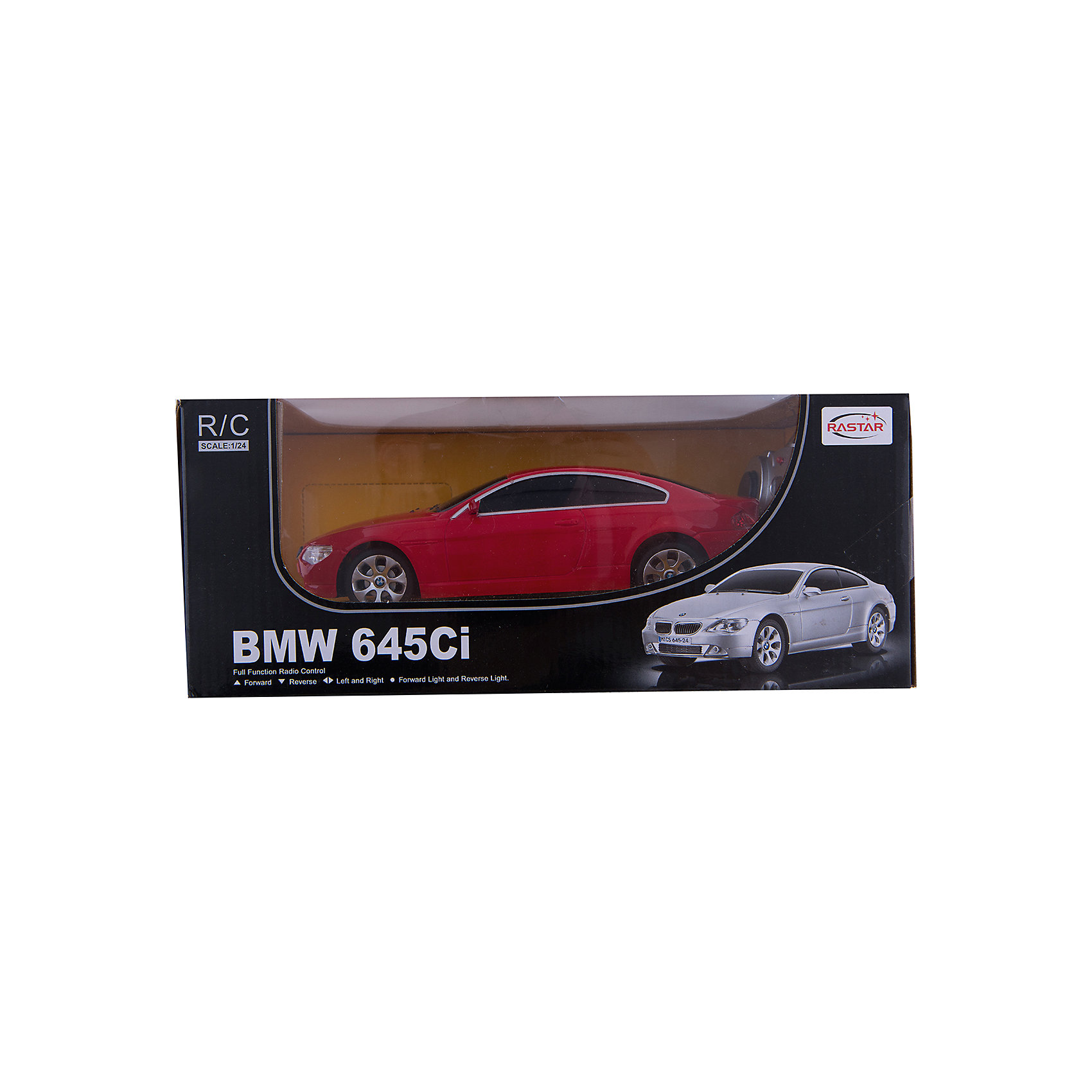 RASTAR Радиоуправляемая машина BMW 645Ci 1:24, красная RASTAR Радиоуправляемая машина BMW 645Ci 1:24, краснаяМашинки<br>RASTAR Радиоуправляемая машина BMW 645Ci 1:24 - игрушка, которая наверняка приведет в восторг вашего ребенка, ведь эта радиоуправляемая машина - уменьшенная копия настоящего БМВ! <br><br>Модель выполнена в масштабе 1: 24.<br><br>Особенности игрушки:<br><br>- Работает на частоте: 27MHz; <br>- Движение вперед, назад, вправо, влево; <br>- Контроль управления: 15 - 45 метров; <br>- Развивает скорость до: 7 км/ч; <br>- Светятся фары. <br><br><br>Дополнительная информация:<br><br>- Для работы требуются батарейки: 5 Х АА (не входят в комплект).<br>- Материалы: пластик.<br>- Размер упаковки: 28,5х12х10 см.<br>- Вес: 460 г.<br><br>Ширина мм: 100<br>Глубина мм: 385<br>Высота мм: 120<br>Вес г: 460<br>Возраст от месяцев: 72<br>Возраст до месяцев: 144<br>Пол: Мужской<br>Возраст: Детский<br>SKU: 4833564