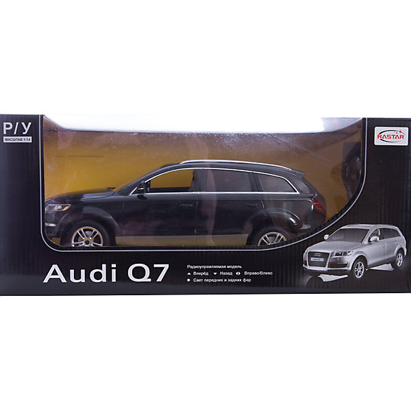 Машина AUDI Q7 1:14, свет, на р/у, RASTAR, черный Машина AUDI Q7 1:14, свет, на р/у, RASTAR, черныйРадиоуправляемые машины<br>Радиоуправляемая модель автомобиля Audi Q7 от Rastar выполнена в масштабе 1:14 из металла с пластмассовыми деталями — точная копия оригинального автомобиля. Автомобиль может двигаться вперед, назад, влево, вправо со скоростью до 12 км/ч. При движении вперед у автомобиля светятся фары. Радиус управления игрушкой до 35 метров. При игре с автомобилем отлично развиваются логическое мышление и координация движений. Радиоуправляемая машина Audi Q7 от Rastar обрадует любого мальчишку! Дополнительная информация: - Пульт радиоуправления на частоте 27MHz. - Материал: металл, высококачественная пластмасса - Размеры упаковки(ДхШхВ): 22 x 46 x 20 см - Размеры автомобиля(ДхШхВ): 36x14x12 см - Батарейки: 5 х АА, 1 х «Крона». В комплект не входят. - Вес: 1,58 кг Машину AUDI Q7 1:14, свет, на р/у, RASTAR можно купить в нашем интернет-магазине.<br><br>Ширина мм: 200<br>Глубина мм: 220<br>Высота мм: 460<br>Вес г: 1580<br>Возраст от месяцев: 36<br>Возраст до месяцев: 144<br>Пол: Мужской<br>Возраст: Детский<br>SKU: 4838261