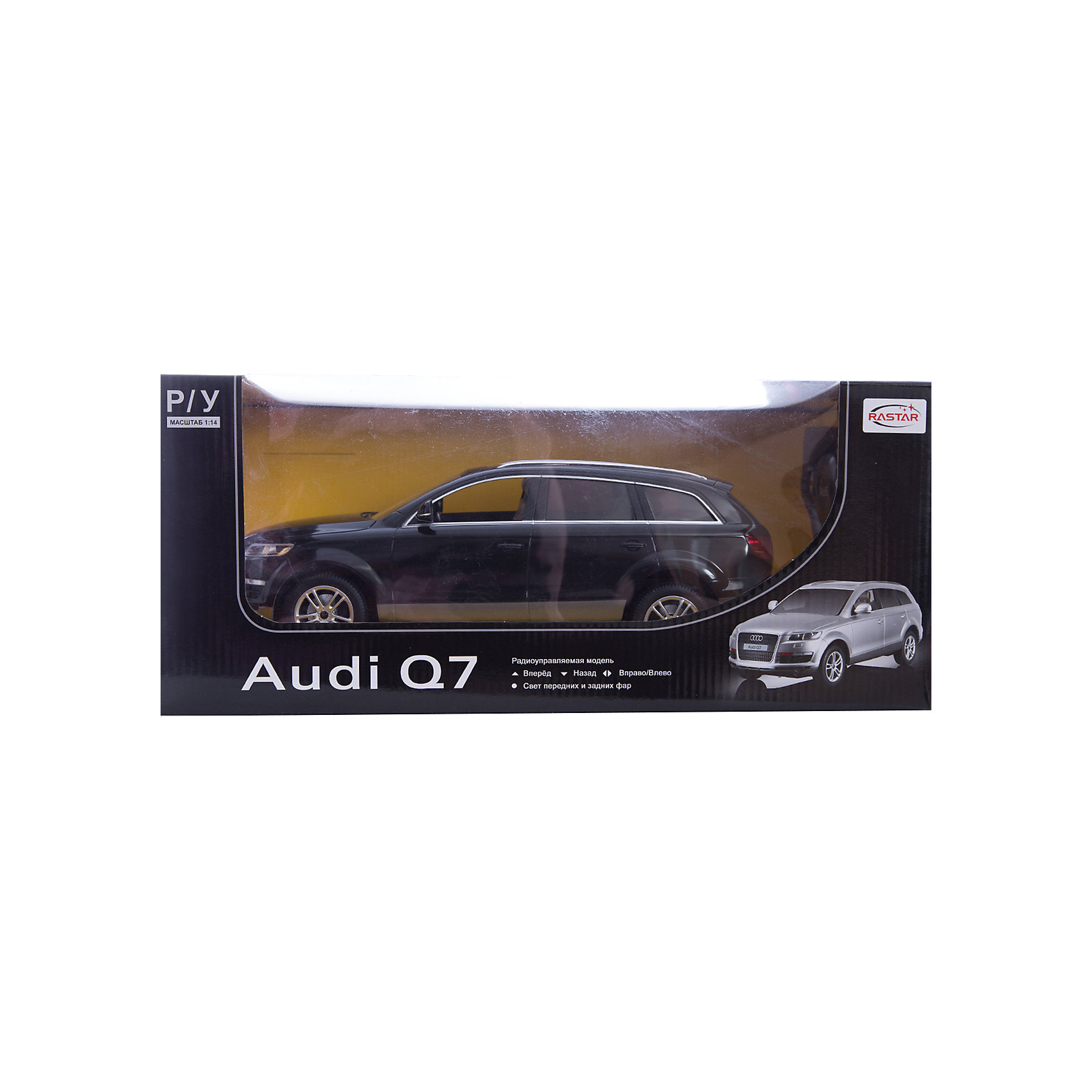 Машина AUDI Q7 1:14, свет, на р/у, RASTAR, черный Машина AUDI Q7 1:14, свет, на р/у, RASTAR, черныйКоллекционные модели<br>Радиоуправляемая модель автомобиля Audi Q7 от Rastar выполнена в масштабе 1:14 из металла с пластмассовыми деталями — точная копия оригинального автомобиля. Автомобиль может двигаться вперед, назад, влево, вправо со скоростью до 12 км/ч. При движении вперед у автомобиля светятся фары. Радиус управления игрушкой до 35 метров. При игре с автомобилем отлично развиваются логическое мышление и координация движений. Радиоуправляемая машина Audi Q7 от Rastar обрадует любого мальчишку! Дополнительная информация: - Пульт радиоуправления на частоте 27MHz. - Материал: металл, высококачественная пластмасса - Размеры упаковки(ДхШхВ): 22 x 46 x 20 см - Размеры автомобиля(ДхШхВ): 36x14x12 см - Батарейки: 5 х АА, 1 х «Крона». В комплект не входят. - Вес: 1,58 кг Машину AUDI Q7 1:14, свет, на р/у, RASTAR можно купить в нашем интернет-магазине.<br><br>Ширина мм: 200<br>Глубина мм: 220<br>Высота мм: 460<br>Вес г: 1580<br>Возраст от месяцев: 36<br>Возраст до месяцев: 144<br>Пол: Мужской<br>Возраст: Детский<br>SKU: 4838261