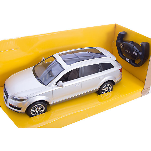 Машина AUDI Q7 1:14, свет, на р/у, RASTAR, серебристый Машина AUDI Q7 1:14, свет, на р/у, RASTAR, серебристыйРадиоуправляемые машины<br>Радиоуправляемая модель автомобиля Audi Q7 от Rastar выполнена в масштабе 1:14 из металла с пластмассовыми деталями — точная копия оригинального автомобиля. Автомобиль может двигаться вперед, назад, влево, вправо со скоростью до 12 км/ч. При движении вперед у автомобиля светятся фары. Радиус управления игрушкой до 35 метров. При игре с автомобилем отлично развиваются логическое мышление и координация движений. Радиоуправляемая машина Audi Q7 от Rastar обрадует любого мальчишку! Дополнительная информация: - Пульт радиоуправления на частоте 27MHz. - Материал: металл, высококачественная пластмасса - Размеры упаковки(ДхШхВ): 22 x 46 x 20 см - Размеры автомобиля(ДхШхВ): 36x14x12 см - Батарейки: 5 х АА, 1 х «Крона». В комплект не входят. - Вес: 1,58 кг Машину AUDI Q7 1:14, свет, на р/у, RASTAR можно купить в нашем интернет-магазине.<br><br>Ширина мм: 200<br>Глубина мм: 220<br>Высота мм: 460<br>Вес г: 1580<br>Возраст от месяцев: 36<br>Возраст до месяцев: 144<br>Пол: Мужской<br>Возраст: Детский<br>SKU: 4838262