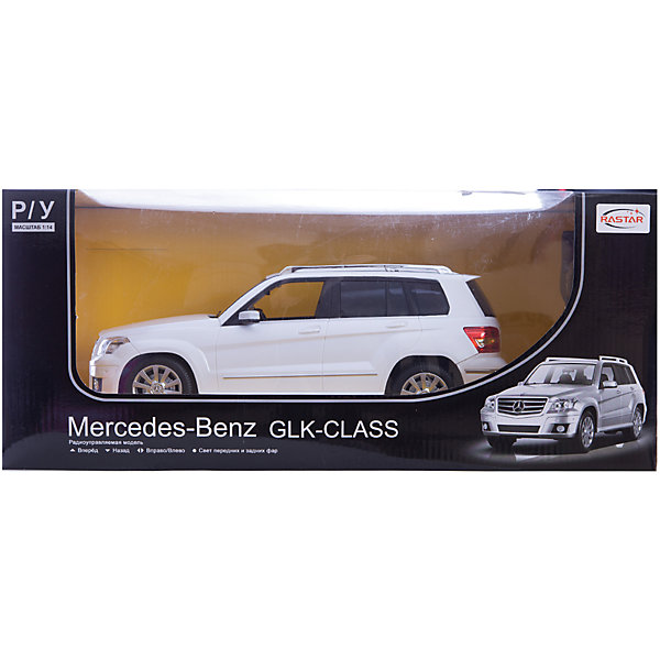 Машина MERCEDES GLK, 1:14, со светом, р/у, RASTAR, белый Машина MERCEDES GLK, 1:14, со светом, р/у, RASTAR, белыйРадиоуправляемые машины<br>Стильный и мощный внедорожник, выполненный в масштабе 1:18 приведет в восторг любого мальчишку! Машина прекрасно детализирована, очень похожа на настоящий автомобиль, развивает скорость до 7 км/ч. Модель имеет четыре направления движения: вперед, назад, вправо и влево, работающие задние огни и стоп-сигналы. Дополнительная информация: - Материал: пластик, металл. - Размер: 33,4 x 13,3 x 13,8 см. - Максимальная скорость 7 км/ч. - Время непрерывной работы: 40 мин. - Масштаб: 1:14. - Комплектация: машинка; пульт управления. - Звуковые и световые эффекты. - Элемент питания: 5 ААА батареек, 1 крона (в комплект не входят). - Дистанция управления: до 45 м. Машину MERCEDES GLK, 1:14, со светом, р/у, RASTAR можно купить в нашем магазине.<br><br>Ширина мм: 220<br>Глубина мм: 460<br>Высота мм: 200<br>Вес г: 1450<br>Возраст от месяцев: 36<br>Возраст до месяцев: 144<br>Пол: Мужской<br>Возраст: Детский<br>SKU: 4838263