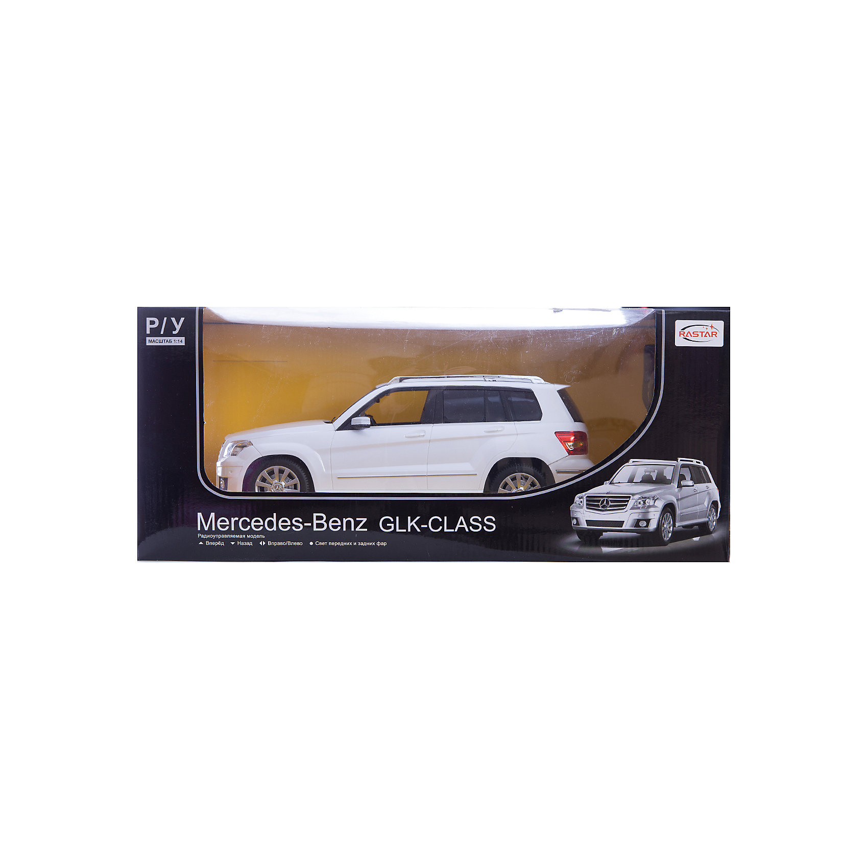 Машина MERCEDES GLK, 1:14, со светом, р/у, RASTAR, белый Машина MERCEDES GLK, 1:14, со светом, р/у, RASTAR, белыйМашинки<br>Стильный и мощный внедорожник, выполненный в масштабе 1:18 приведет в восторг любого мальчишку! Машина прекрасно детализирована, очень похожа на настоящий автомобиль, развивает скорость до 7 км/ч. Модель имеет четыре направления движения: вперед, назад, вправо и влево, работающие задние огни и стоп-сигналы. Дополнительная информация: - Материал: пластик, металл. - Размер: 33,4 x 13,3 x 13,8 см. - Максимальная скорость 7 км/ч. - Время непрерывной работы: 40 мин. - Масштаб: 1:14. - Комплектация: машинка; пульт управления. - Звуковые и световые эффекты. - Элемент питания: 5 ААА батареек, 1 крона (в комплект не входят). - Дистанция управления: до 45 м. Машину MERCEDES GLK, 1:14, со светом, р/у, RASTAR можно купить в нашем магазине.<br><br>Ширина мм: 220<br>Глубина мм: 460<br>Высота мм: 200<br>Вес г: 1450<br>Возраст от месяцев: 36<br>Возраст до месяцев: 144<br>Пол: Мужской<br>Возраст: Детский<br>SKU: 4838263