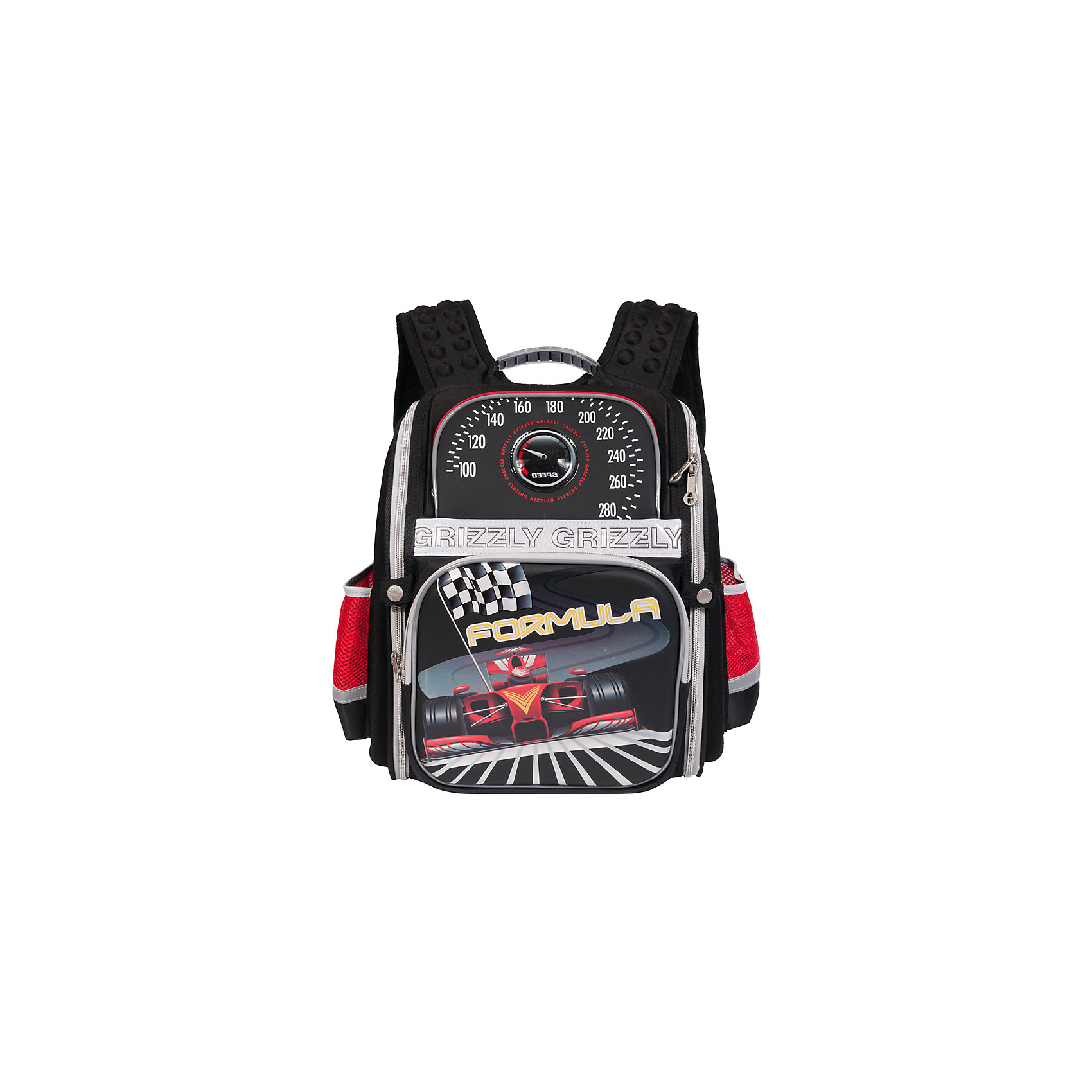Grizzly Рюкзак школьный, черный Grizzly Рюкзак школьный, черныйРанцы<br>Школьный рюкзак, черный, Grizzly (Гризли) ? рюкзак отечественного бренда Гризли школьной серии. Рюкзак выполнен из полиэстера и пластика высокого качества, что обеспечивает, с одной стороны, легкий вес, а с другой ? надежность и прочность. Все швы выполнены капроновыми нитками, что делает швы особенно крепкими и устойчивыми к износу даже в течение нескольких лет. <br>Внутреннее устройство рюкзака состоит из одного вместительного отсека, внутреннего кармана на молнии и внутреннего составного пенала-органайзера. На передней стенке имеются два объемных кармана, застегивающихся на молнию, по бокам – боковые карманы на застежке-молнии. Удобство и эргономичность рюкзака создается за счет жесткой анатомической спинки, укрепленных лямок и мягкой укрепленной ручки. Также имеется дополнительная ручка-петля. С четырех сторон рюкзака имеются светоотражающие элементы и нашивка с мигающими огнями. В комплекте с рюкзаком идет игрушка-брелок. Уникальность рюкзаков Grizzly заключается в том, что анатомическая спинка изготовлена из специальной ткани, которая пропускает воздух, тем самым защищает спину от повышенного потоотделения.<br>Все рюкзаки школьной серии Grizzly (Гризли) имеют оригинальный современный дизайн. Школьный рюкзак, черный, Grizzly (Гризли) выполнен в черном цвете с яркими разноцветными элементами. Передняя стенка украшена яркими рисунками спортивной тематики.<br>Школьный рюкзак, черный, Grizzly (Гризли) ? это качество материалов, удобство, стиль и долговечность использования. <br><br>Дополнительная информация:<br><br>- Вес: 800 г<br>- Габариты (Д*Г*В): 30*16*37 см<br>- Цвет: черный, красный, серый, желтый<br>- Материал: полиэстер, пластик <br>- Сезон: круглый год<br>- Коллекция: школьная <br>- Год коллекции: 2016 <br>- Пол: мужской<br>- Предназначение: для школы<br>- Особенности ухода: можно чистить влажной щеткой или губкой, допускается ручная стирка<br><br>Подробнее:<br><br>• Для школьников в возрасте: от 6 лет и до 10 лет<br>• Страна производитель: Китай<br>• Торговый бренд: Grizzly<br><br>Школьный рюкзак, черный, Grizzly (Гризли) можно купить в нашем интернет-магазине.<br><br>Ширина мм: 300<br>Глубина мм: 160<br>Высота мм: 370<br>Вес г: 800<br>Возраст от месяцев: 72<br>Возраст до месяцев: 120<br>Пол: Мужской<br>Возраст: Детский<br>SKU: 4858878