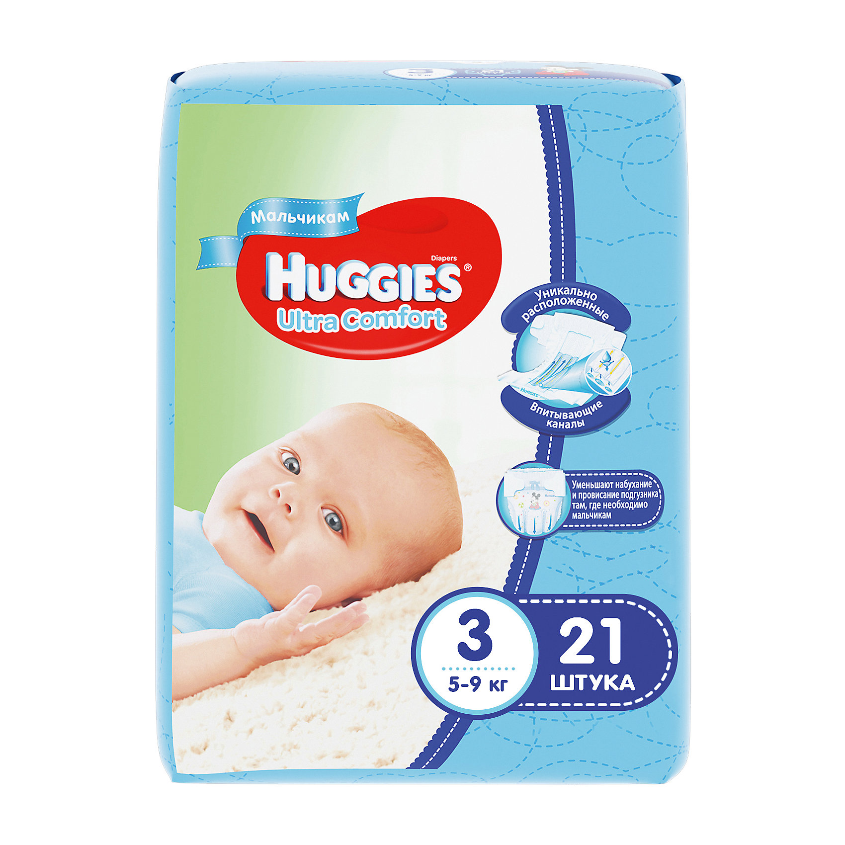 Подгузники Ultra Comfort для мальчиков 3, 5-9 кг, 21шт., Huggies Подгузники Ultra Comfort для мальчиков 3, 5-9 кг, 21шт., HuggiesПодгузники 5-12 кг.<br>Подгузники Ultra Comfort Huggies созданы специально для мальчишек! <br>Для более быстрого впитывания распределяющий слой в этих подгузниках расположен там, где это нужнее всего. Так же, подгузники изготовлены из специальных мягких материалов с микропорами, которые позволяют коже «дышать». А тянущиеся застежки с закругленными краями надежно фиксируют подгузник, широкий эластичный пояс позволяет малышам свободно двигаться.<br><br>А яркий дизайн будет постоянно радовать маленького модника!<br><br>Дополнительна информация:<br><br>- Возраст: с рождения.<br>- Вес ребенка: от 5 до 9 кг.<br>- Кол-во в упаковке: 21 шт.<br>- Вес в упаковке: 609 г.<br><br>Купить подгузники Ultra Comfort для мальчиков 3 от Huggies, можно в нашем магазине.<br><br>Ширина мм: 205<br>Глубина мм: 149<br>Высота мм: 110<br>Вес г: 609<br>Возраст от месяцев: 0<br>Возраст до месяцев: 9<br>Пол: Мужской<br>Возраст: Детский<br>SKU: 4861820