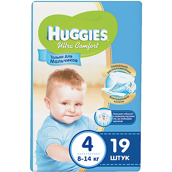Подгузники Huggies Ultra Comfort 4 для мальчиков, 8-14 кг, 19шт. Подгузники Huggies Ultra Comfort 4 для мальчиков, 8-14 кг, 19шт.Подгузники классические<br>Подгузники Ultra Comfort Huggies созданы специально для мальчишек! <br>Для более быстрого впитывания распределяющий слой в этих подгузниках расположен там, где это нужнее всего. Так же, подгузники изготовлены из специальных мягких материалов с микропорами, которые позволяют коже «дышать». А тянущиеся застежки с закругленными краями надежно фиксируют подгузник, широкий эластичный пояс позволяет малышам свободно двигаться.<br><br>А яркий дизайн будет постоянно радовать маленького модника!<br><br>Дополнительна информация:<br><br>- Возраст: с 6 месяцев.<br>- Вес ребенка: от 8 до 14 кг.<br>- Кол-во в упаковке: 19 шт.<br>- Вес в упаковке: 627 г.<br><br>Купить подгузники Ultra Comfort для мальчиков 4 от Huggies, можно в нашем магазине.<br><br>Ширина мм: 220<br>Глубина мм: 130<br>Высота мм: 110<br>Вес г: 627<br>Возраст от месяцев: 6<br>Возраст до месяцев: 24<br>Пол: Мужской<br>Возраст: Детский<br>SKU: 4861822