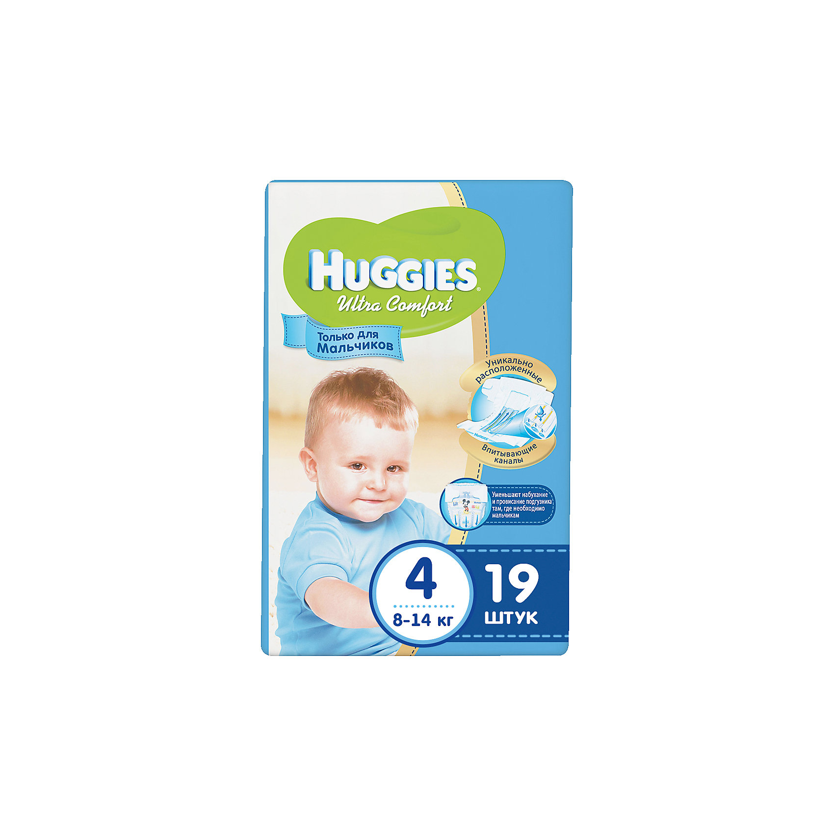 Подгузники Ultra Comfort для мальчиков 4, 8-14 кг, 19шт., Huggies Подгузники Ultra Comfort для мальчиков 4, 8-14 кг, 19шт., HuggiesПодгузники Ultra Comfort Huggies созданы специально для мальчишек! <br>Для более быстрого впитывания распределяющий слой в этих подгузниках расположен там, где это нужнее всего. Так же, подгузники изготовлены из специальных мягких материалов с микропорами, которые позволяют коже «дышать». А тянущиеся застежки с закругленными краями надежно фиксируют подгузник, широкий эластичный пояс позволяет малышам свободно двигаться.<br><br>А яркий дизайн будет постоянно радовать маленького модника!<br><br>Дополнительна информация:<br><br>- Возраст: с 6 месяцев.<br>- Вес ребенка: от 8 до 14 кг.<br>- Кол-во в упаковке: 19 шт.<br>- Вес в упаковке: 627 г.<br><br>Купить подгузники Ultra Comfort для мальчиков 4 от Huggies, можно в нашем магазине.<br><br>Ширина мм: 220<br>Глубина мм: 130<br>Высота мм: 110<br>Вес г: 627<br>Возраст от месяцев: 6<br>Возраст до месяцев: 24<br>Пол: Мужской<br>Возраст: Детский<br>SKU: 4861822